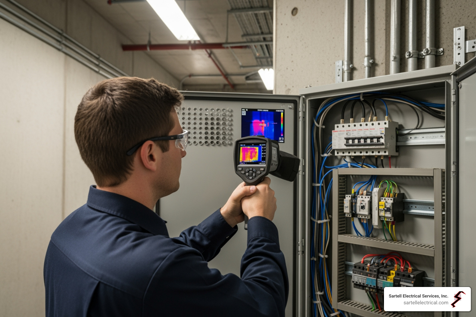 Electrician performing a thermal imaging scan on an electrical panel - Commercial Electrician Ipswich Electrician performing a thermal imaging scan on an electrical panel - Commercial Electrician Ipswich