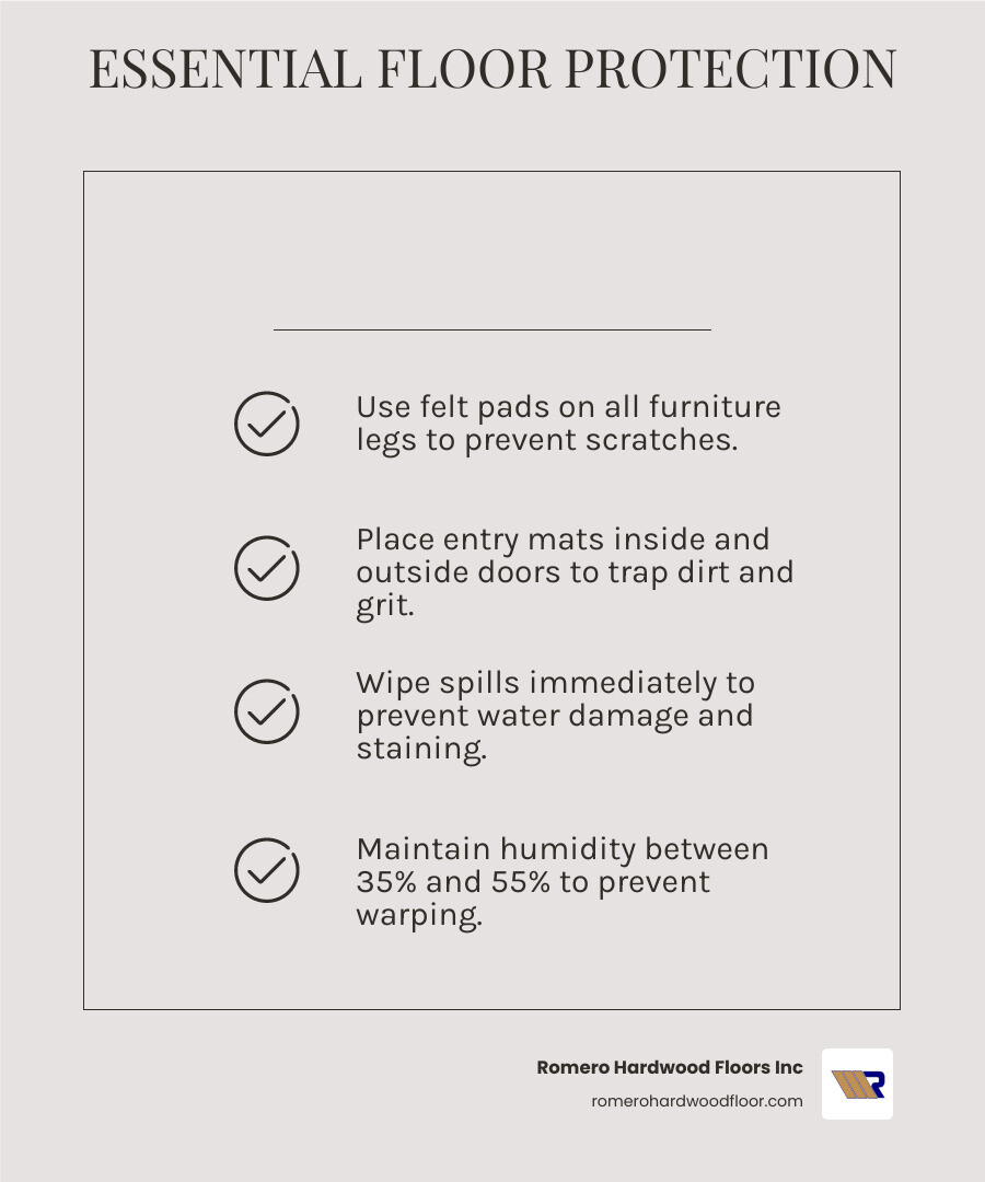 Infographic showing comprehensive hardwood floor protection strategies: furniture felt pads preventing scratches, entry mats trapping dirt and grit, immediate spill cleanup with soft cloth, humidity gauge showing ideal 35-55% range, microfiber mop for gentle cleaning, trimmed pet nails, shoes removed at door, and UV window film blocking sunlight - protect hardwood floor infographic checklist-light-beige Infographic showing comprehensive hardwood floor protection strategies: furniture felt pads preventing scratches, entry mats trapping dirt and grit, immediate spill cleanup with soft cloth, humidity gauge showing ideal 35-55% range, microfiber mop for gentle cleaning, trimmed pet nails, shoes removed at door, and UV window film blocking sunlight - protect hardwood floor infographic checklist-light-beige
