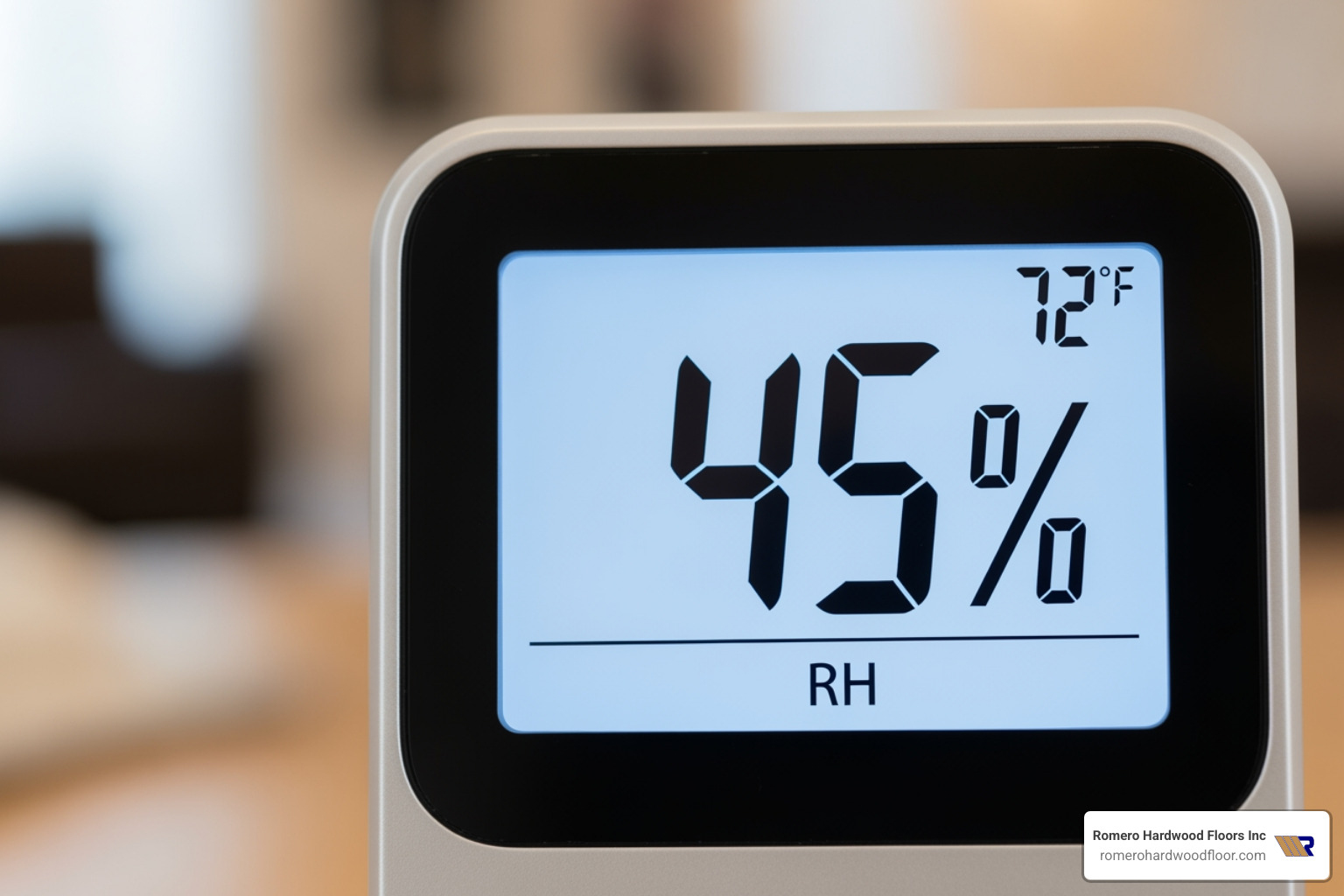 Image of a hygrometer displaying an ideal humidity level of 45%. - protect hardwood floor Image of a hygrometer displaying an ideal humidity level of 45%. - protect hardwood floor
