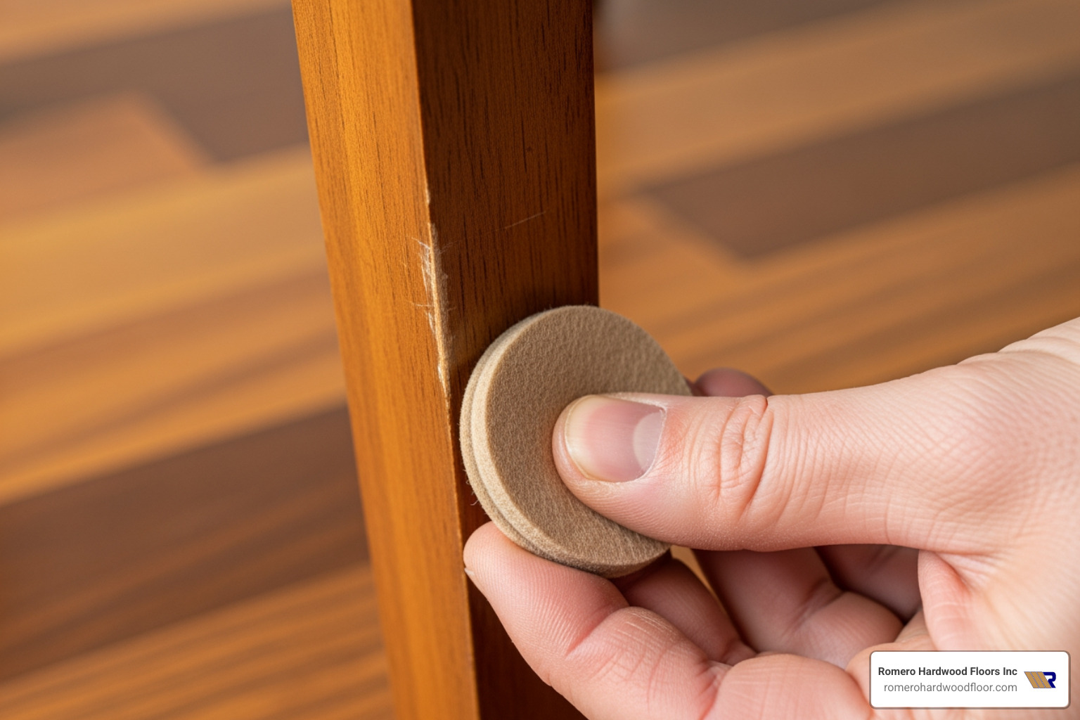 Image of high-quality felt pads being applied to the bottom of a wooden chair leg. - protect hardwood floor Image of high-quality felt pads being applied to the bottom of a wooden chair leg. - protect hardwood floor