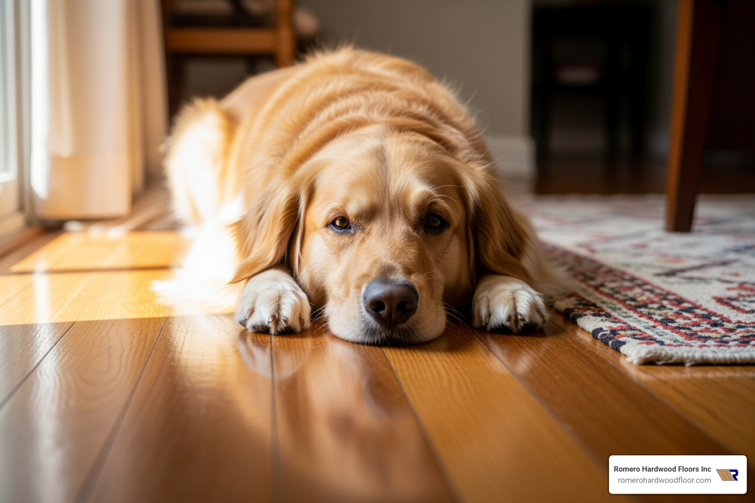 Image of a dog lying comfortably on a hardwood floor with a protective rug nearby. - protect hardwood floor Image of a dog lying comfortably on a hardwood floor with a protective rug nearby. - protect hardwood floor
