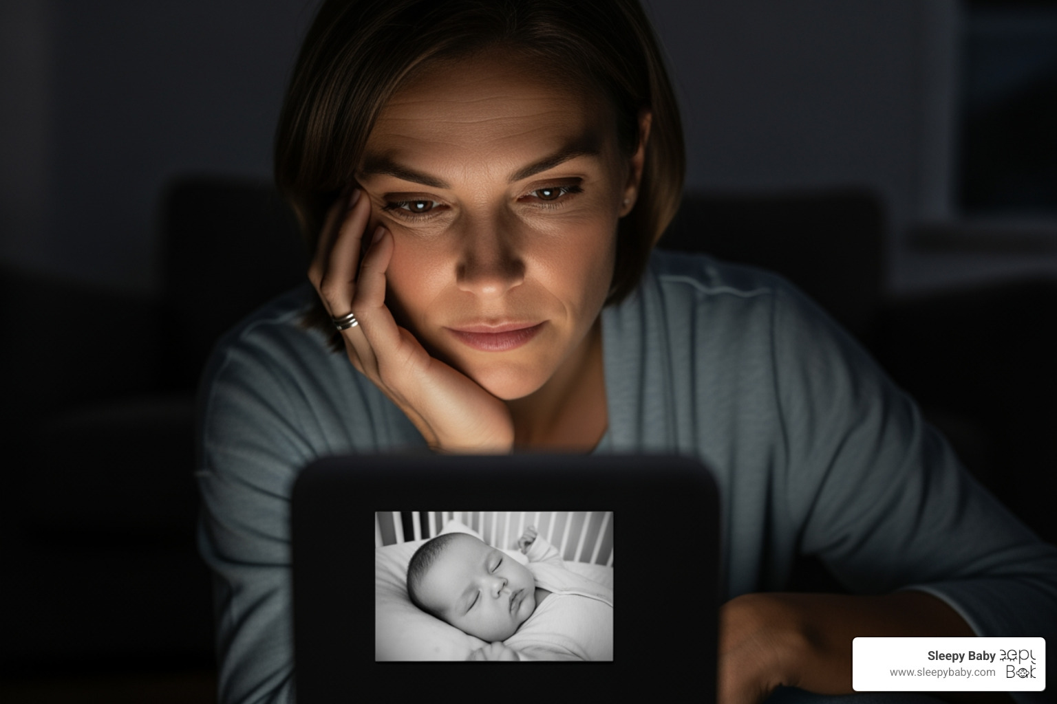 tired but loving parent looking at baby monitor at night - 6 month old self soothing tired but loving parent looking at baby monitor at night - 6 month old self soothing