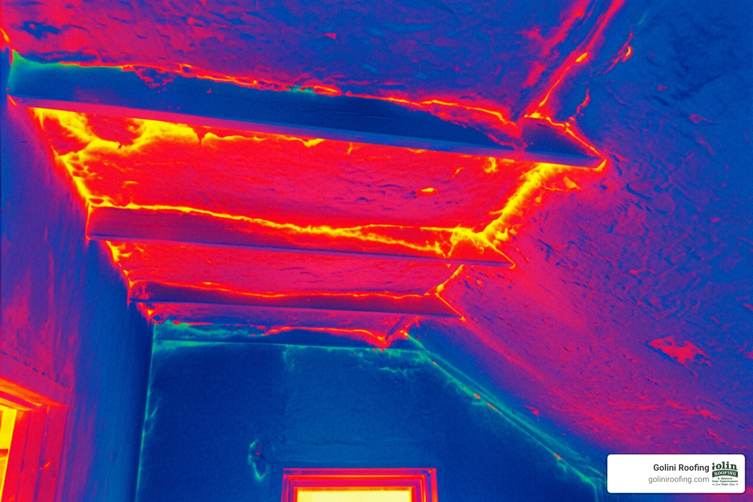 Thermal imaging showing heat escaping through an attic ceiling, indicating poor insulation. - Free Attic Inspection Near Me Thermal imaging showing heat escaping through an attic ceiling, indicating poor insulation. - Free Attic Inspection Near Me
