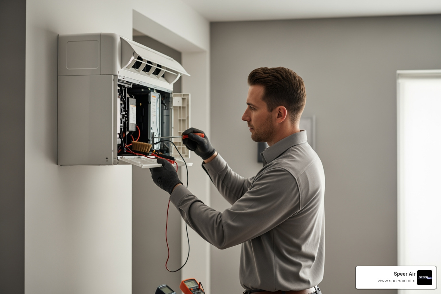 image of a certified technician servicing the indoor unit of a mini-split system - mini split service northern nj image of a certified technician servicing the indoor unit of a mini-split system - mini split service northern nj