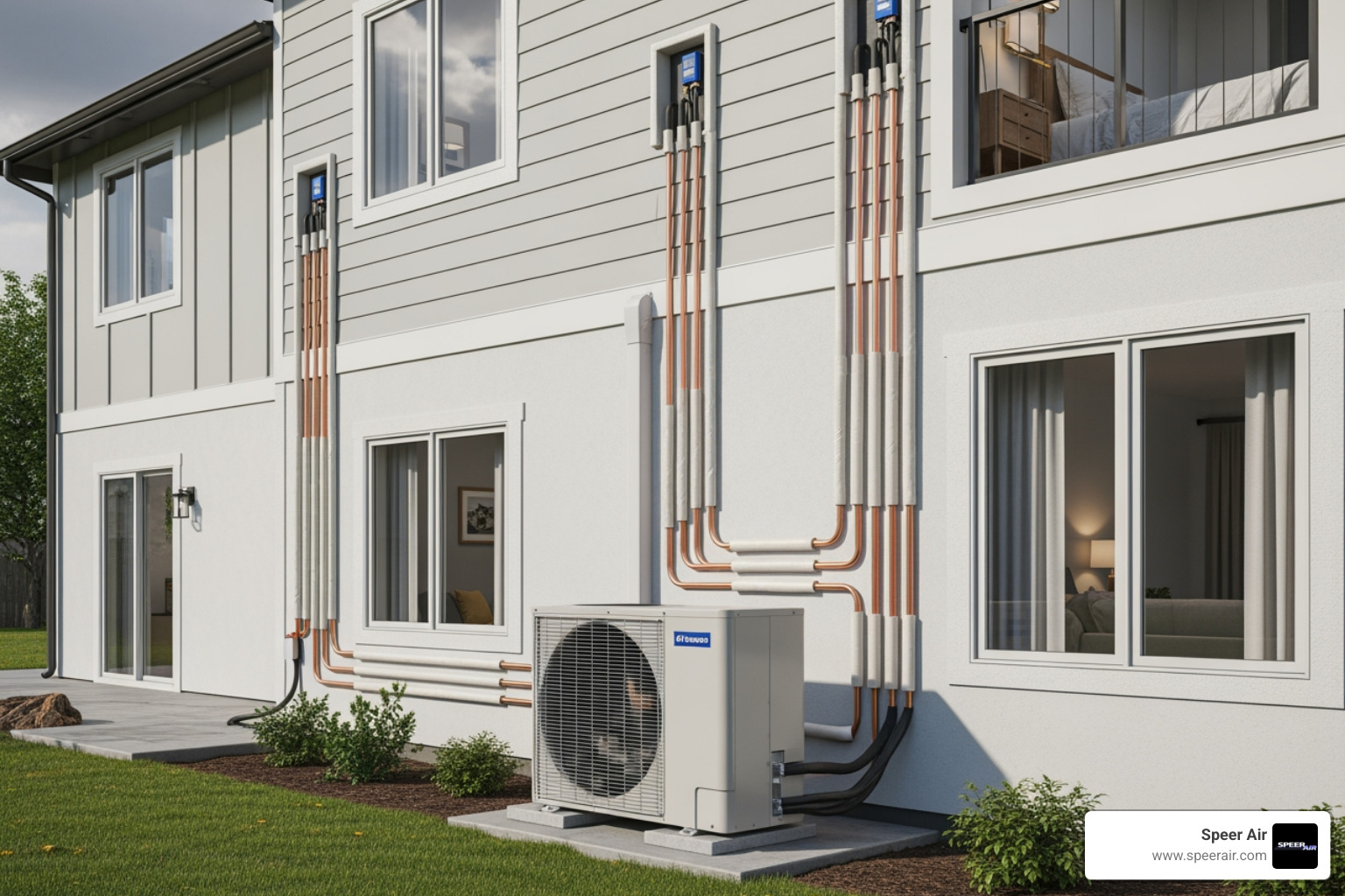 image of an outdoor condenser unit connected to multiple indoor air handlers - mini split service northern nj image of an outdoor condenser unit connected to multiple indoor air handlers - mini split service northern nj