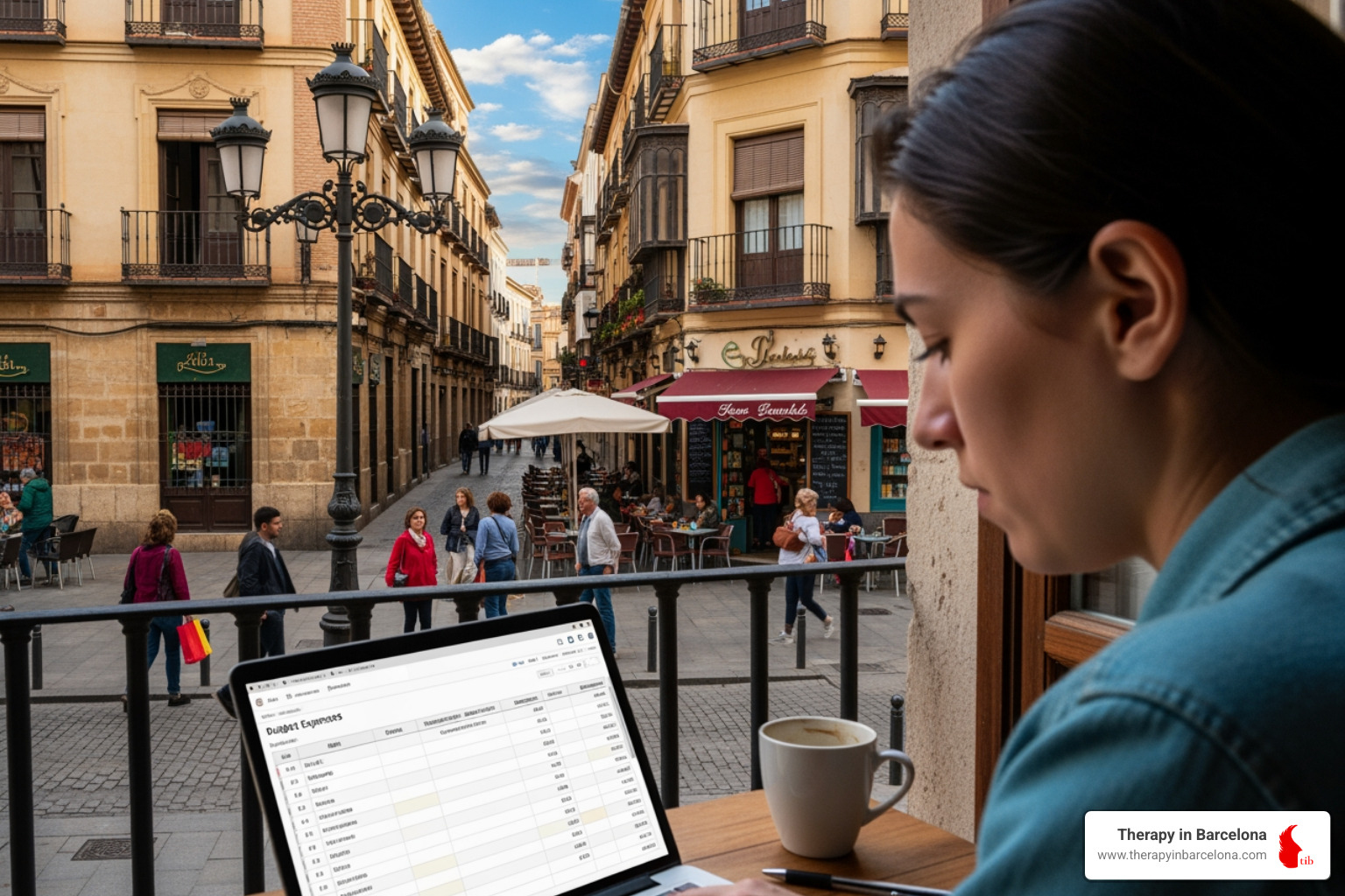 A person budgeting their expenses on a laptop, with a Spanish street scene in the background - moving to barcelona as an american