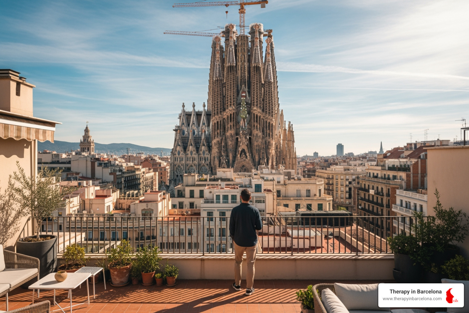 A person enjoying the view of La Sagrada Familia from a rooftop terrace - moving to barcelona as an american