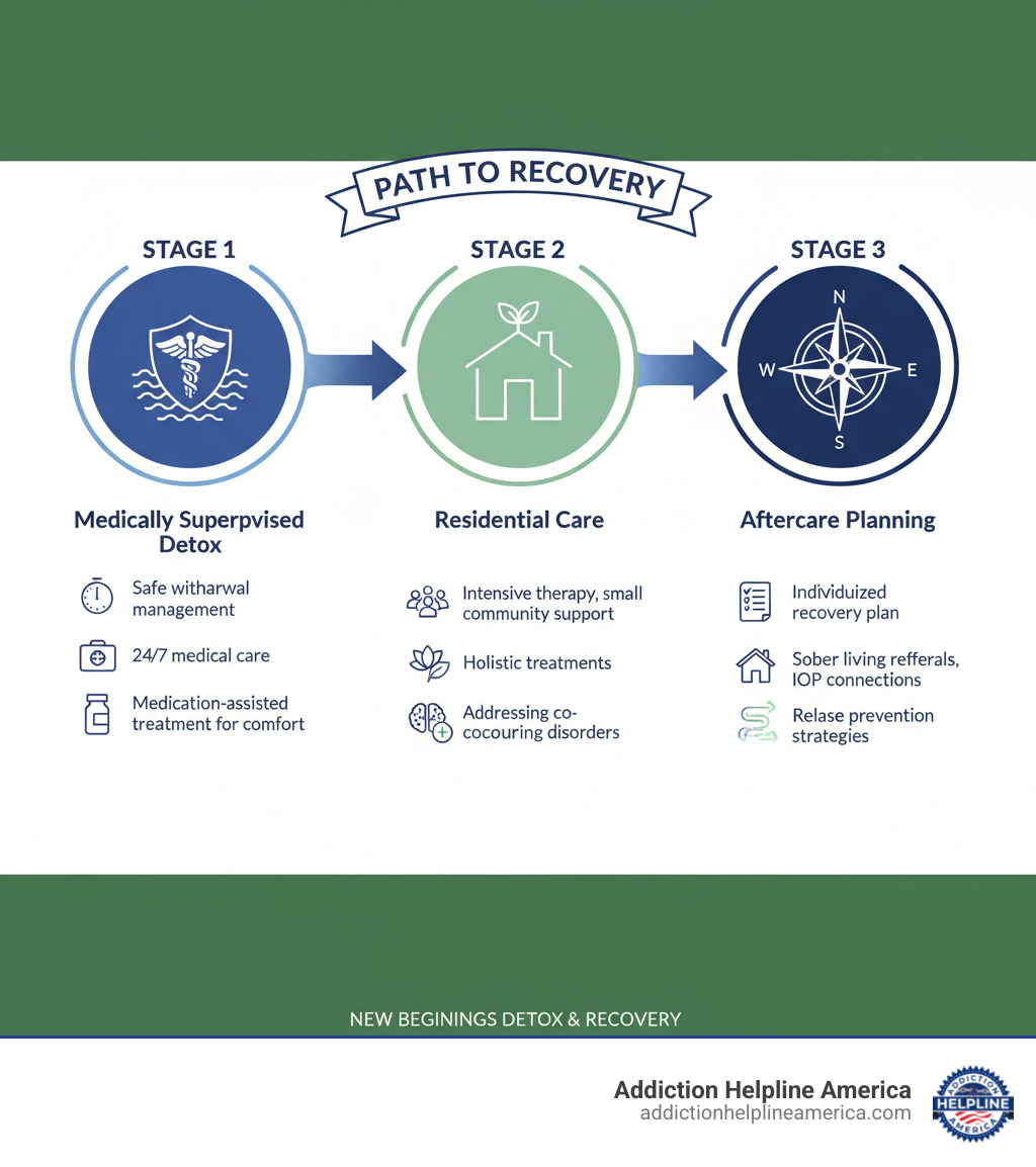 Infographic showing three connected stages: Stage 1 - Medically Supervised Detox (Safe withdrawal management, 24/7 medical care, medication-assisted treatment for comfort), Stage 2 - Residential Care (Intensive therapy, holistic treatments, small community support, addressing co-occurring disorders), Stage 3 - Aftercare Planning (Individualized recovery plan, sober living referrals, IOP connections, relapse prevention strategies) - New Beginnings Detox & Recovery infographic 