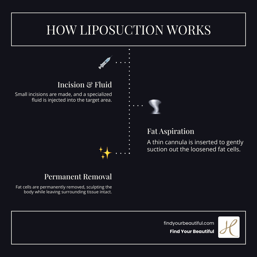 Infographic showing how liposuction works: a cannula is inserted through small incisions to suction out fat cells from targeted areas, permanently removing them from the body while leaving surrounding tissue intact - liposuction before and after infographic