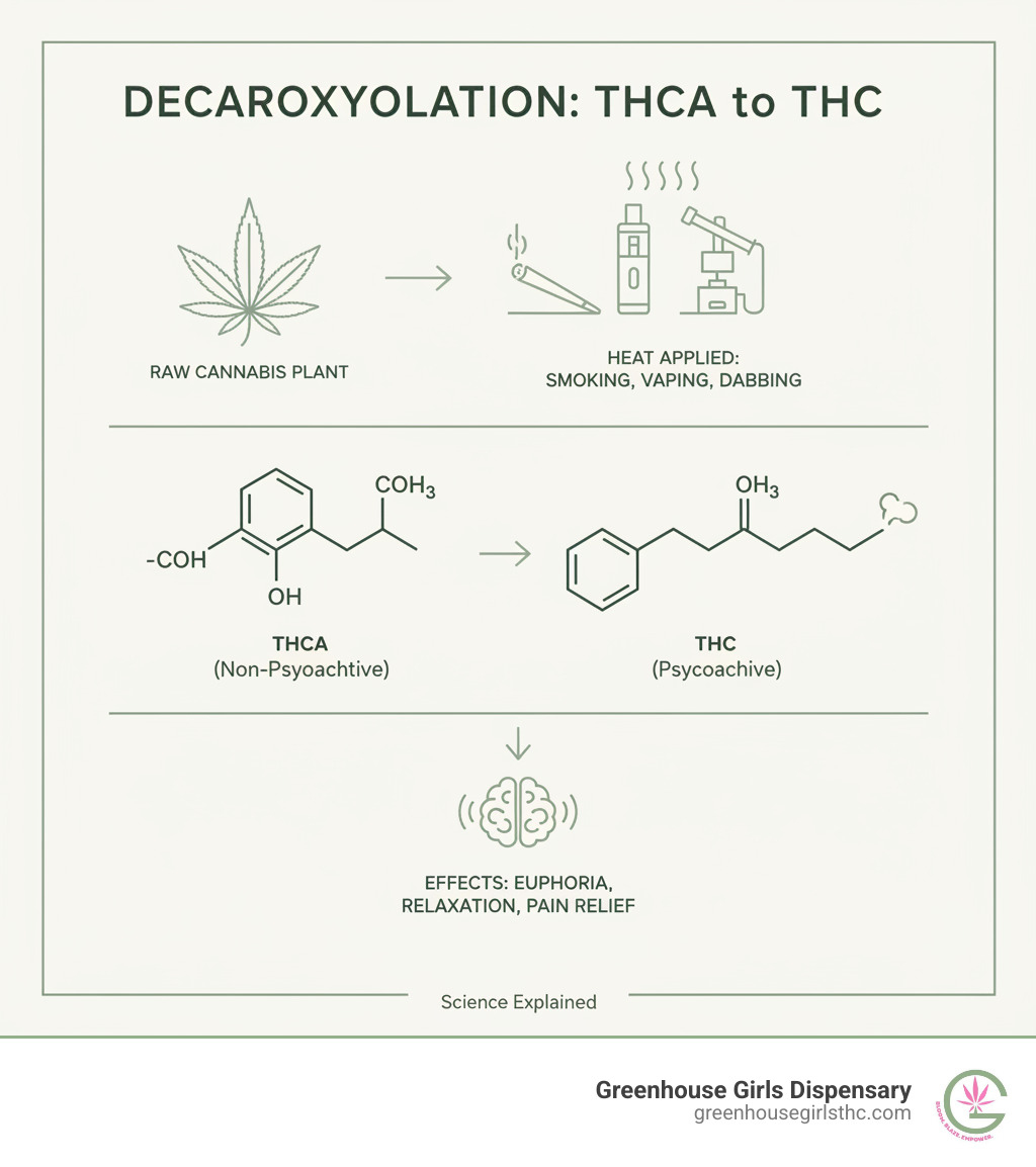 Infographic showing the decarboxylation process: raw THCA in cannabis plant converting to psychoactive THC when heat is applied through smoking, vaping, or dabbing, with molecular structures showing the loss of the carboxylic acid group - thca extracts infographic 