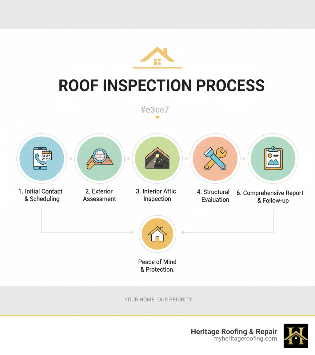 Infographic showing the complete roof inspection process: Initial contact and scheduling, exterior assessment of shingles and flashing, interior attic inspection for leaks and ventilation, structural evaluation of decking and support, detailed photo documentation, comprehensive written report with repair recommendations, and follow-up consultation - roof inspection service infographic Infographic showing the complete roof inspection process: Initial contact and scheduling, exterior assessment of shingles and flashing, interior attic inspection for leaks and ventilation, structural evaluation of decking and support, detailed photo documentation, comprehensive written report with repair recommendations, and follow-up consultation - roof inspection service infographic