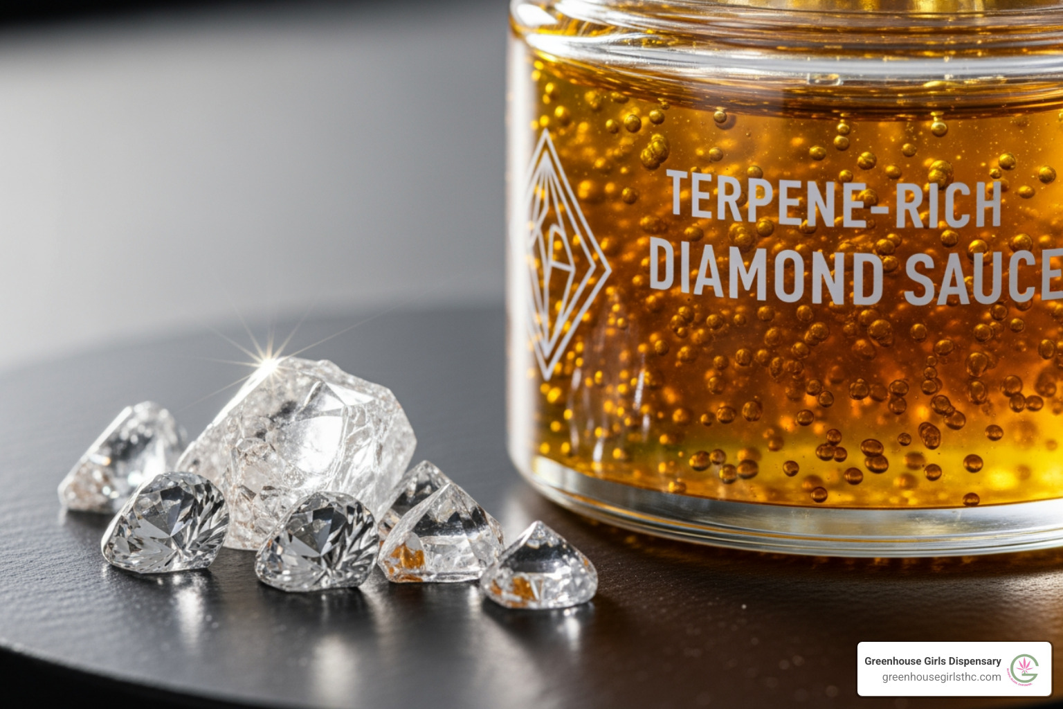 sparkling THCA diamonds next to a jar of terpene-rich diamond sauce - thca extracts