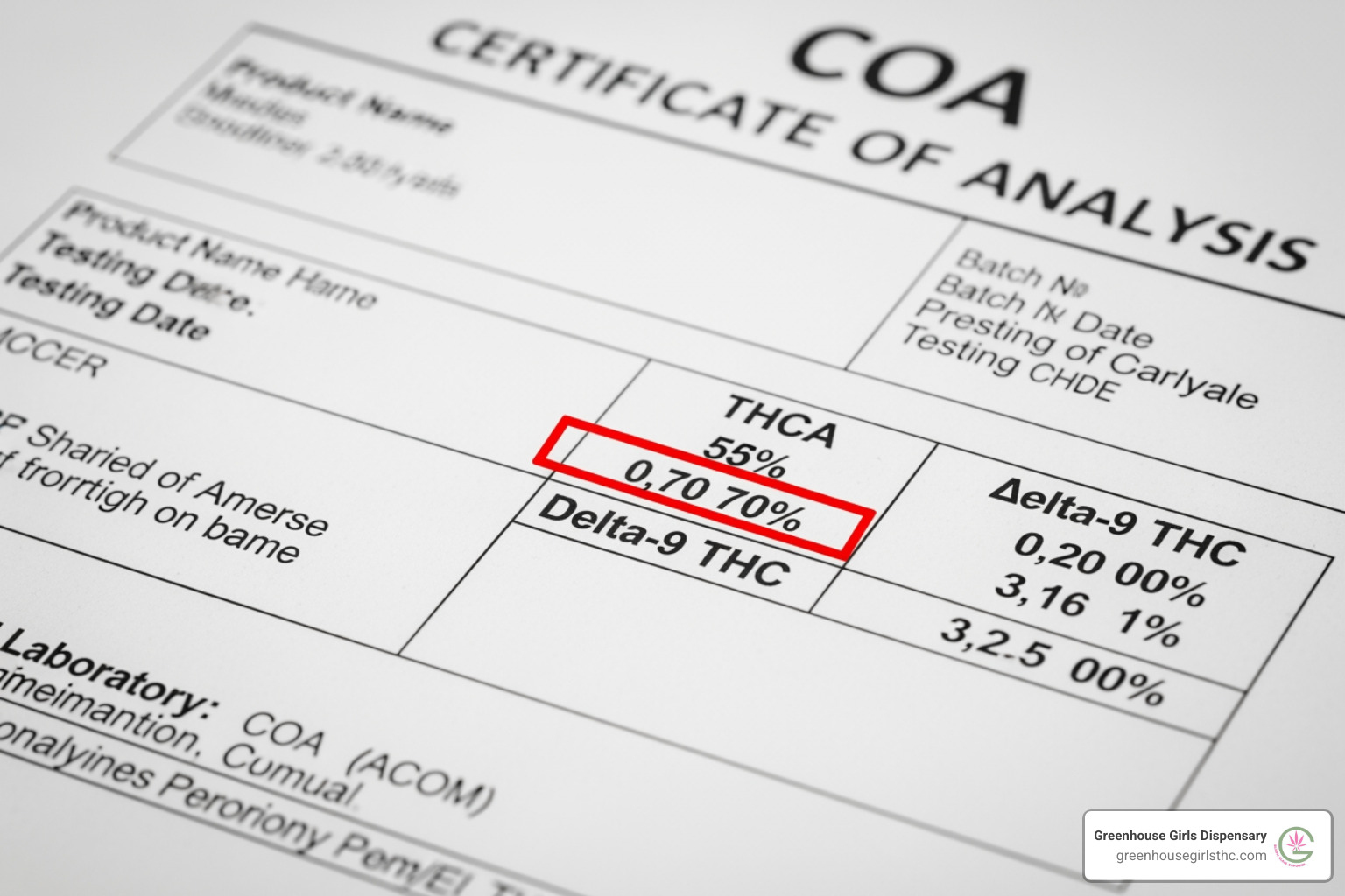 Certificate of Analysis (COA) with THCA and Delta-9 THC percentages highlighted - thca extracts