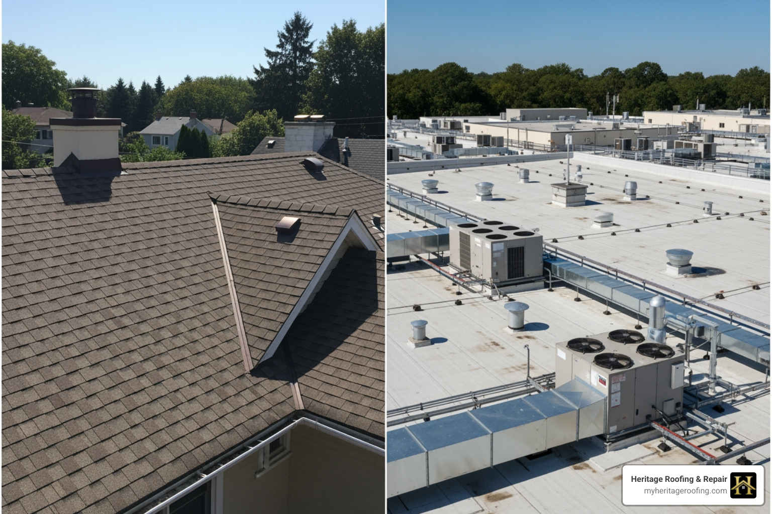 A comparison graphic showing the distinct features of residential vs. commercial roofs, highlighting differences in pitch, material, and common elements like HVAC units on commercial roofs. - roof inspection service A comparison graphic showing the distinct features of residential vs. commercial roofs, highlighting differences in pitch, material, and common elements like HVAC units on commercial roofs. - roof inspection service