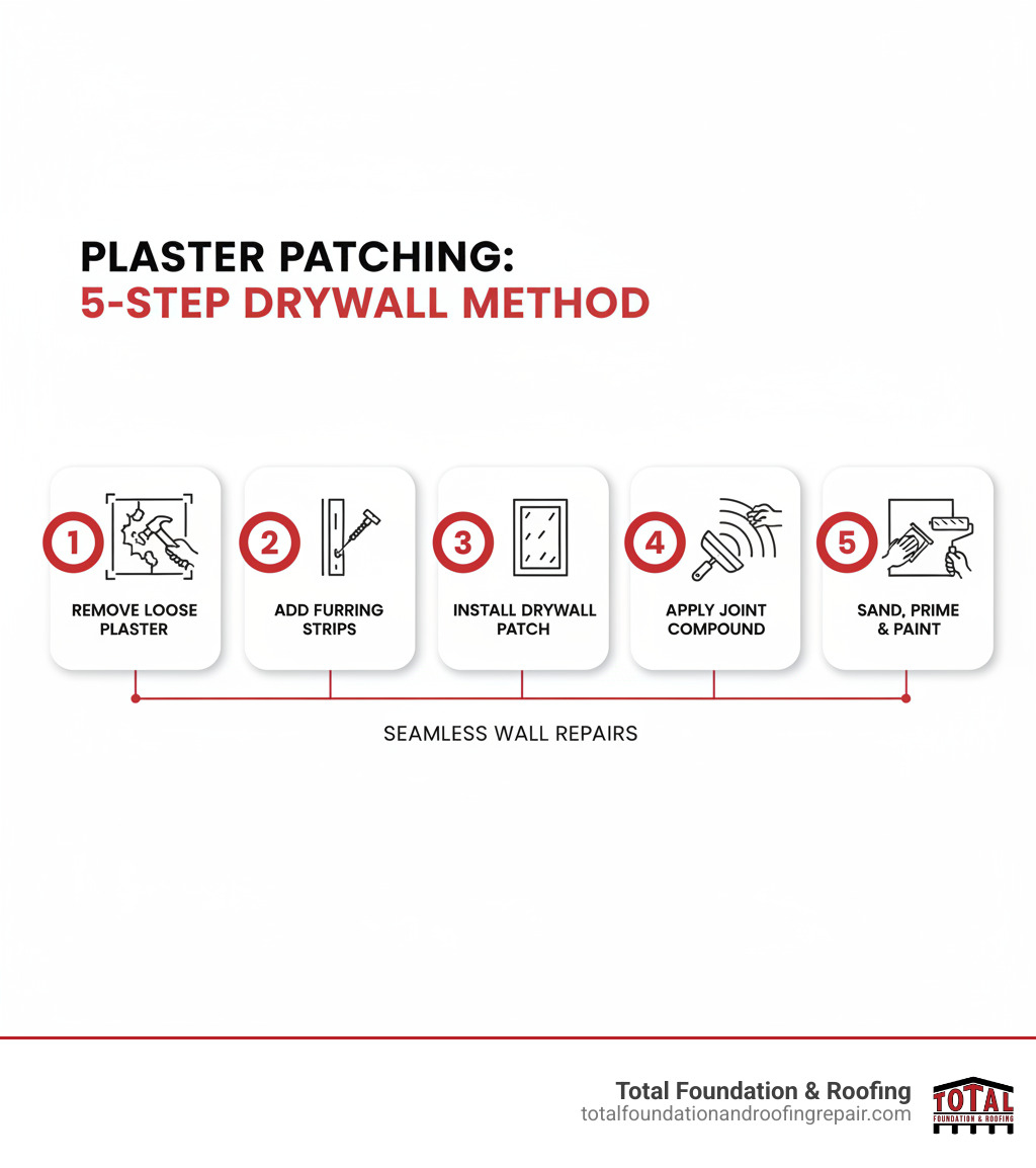Infographic showing the 5-step process for patching plaster with drywall: Step 1 shows removing loose plaster and creating a square opening, Step 2 shows installing furring strips to match plaster thickness, Step 3 shows cutting and securing the drywall patch, Step 4 shows applying multiple coats of joint compound with progressively wider feathering, and Step 5 shows sanding, priming and painting for a seamless finish - patching plaster with drywall infographic 