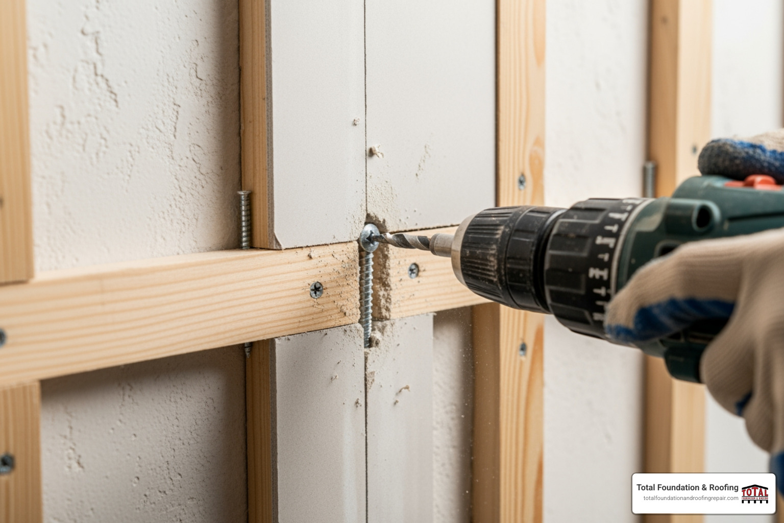 Drywall patch being screwed into furring strips - patching plaster with drywall