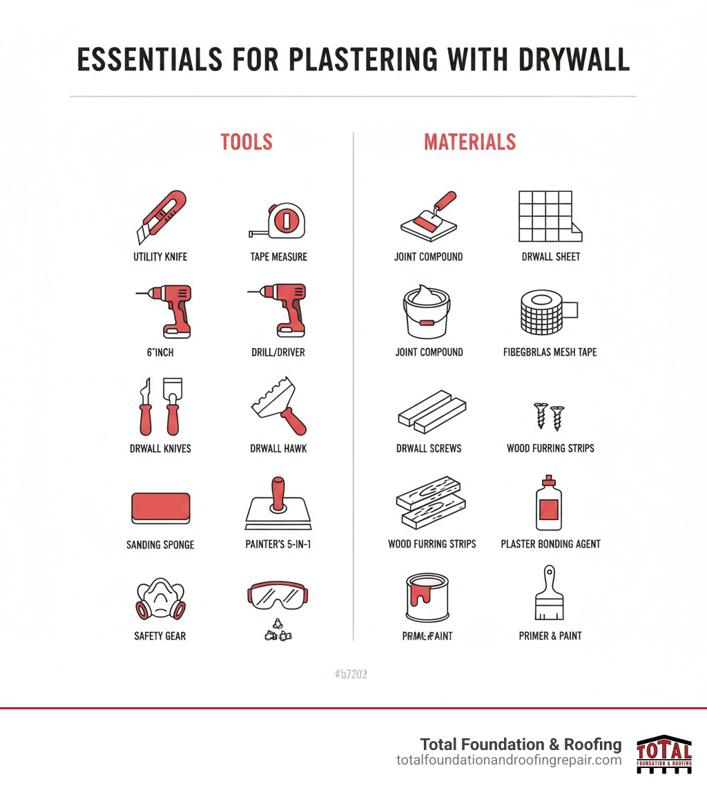Essential tools and materials for patching plaster with drywall - patching plaster with drywall infographic