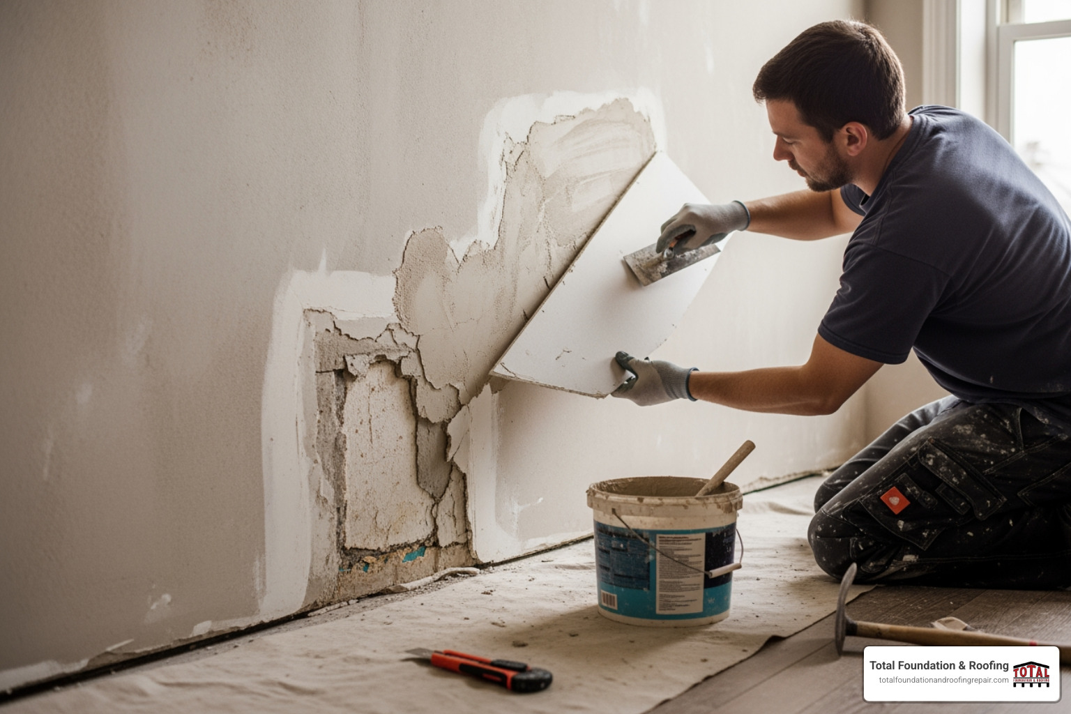 Final, perfectly blended wall patch after painting - patching plaster with drywall