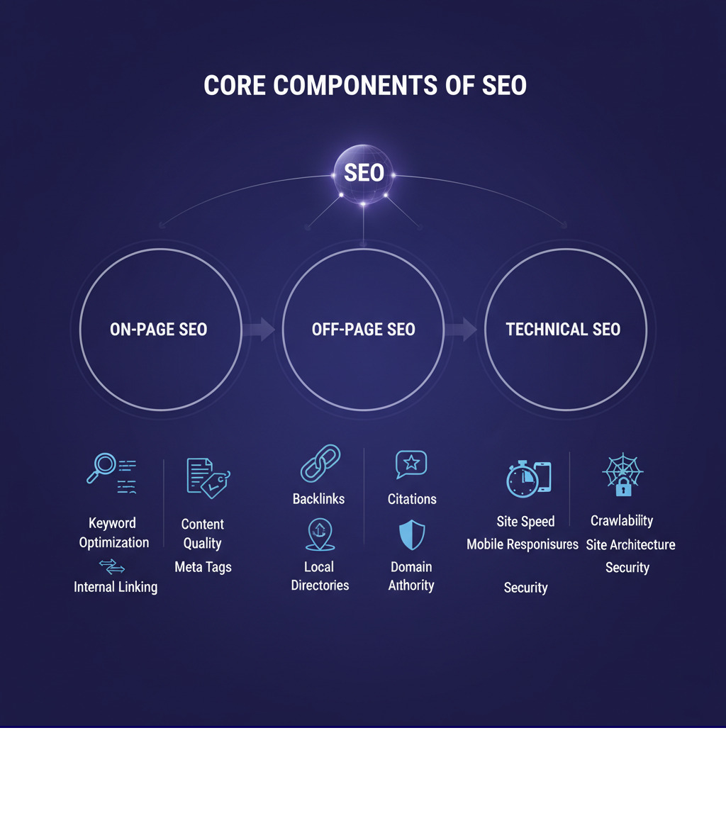 Infographic showing the three core components of SEO: On-Page SEO (keyword optimization, content quality, meta tags, internal linking), Off-Page SEO (backlinks, citations, local directories, domain authority), and Technical SEO (site speed, mobile responsiveness, site architecture, security, crawlability) - SEO Canton Ohio infographic 