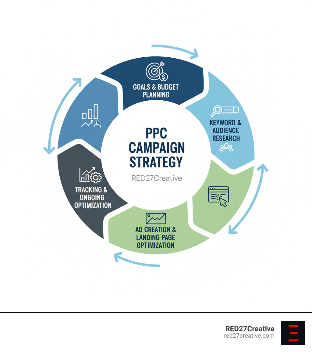 Infographic showing the core components of a successful PPC campaign strategy: goals and budget planning, keyword and audience research, ad creation and landing page optimization, tracking and ongoing optimization, all connected in a circular flow - PPC campaign strategy infographic Infographic showing the core components of a successful PPC campaign strategy: goals and budget planning, keyword and audience research, ad creation and landing page optimization, tracking and ongoing optimization, all connected in a circular flow - PPC campaign strategy infographic