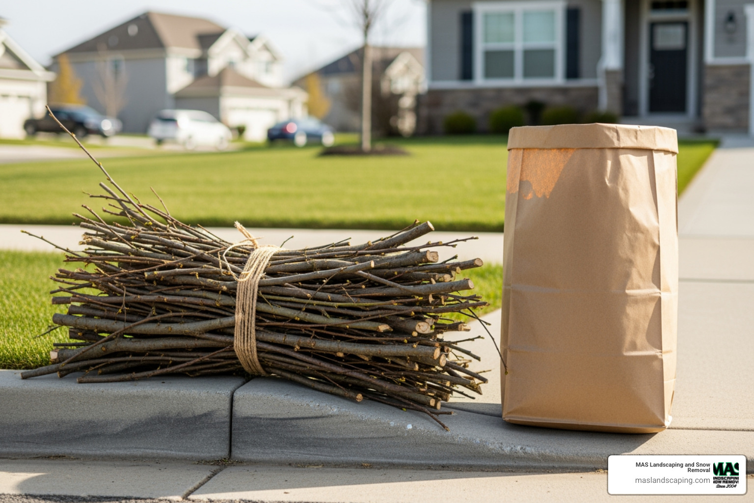 properly bundled branches next to a biodegradable paper yard waste bag - pick up green waste