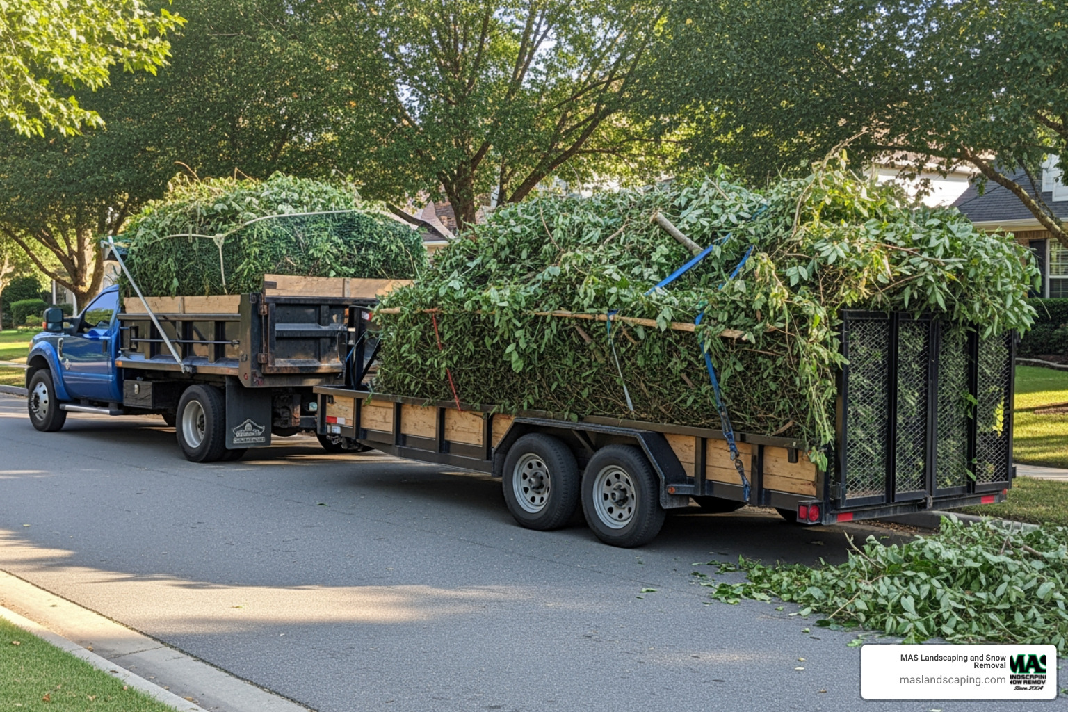 a professional landscaping truck loaded with brush and yard debris - pick up green waste