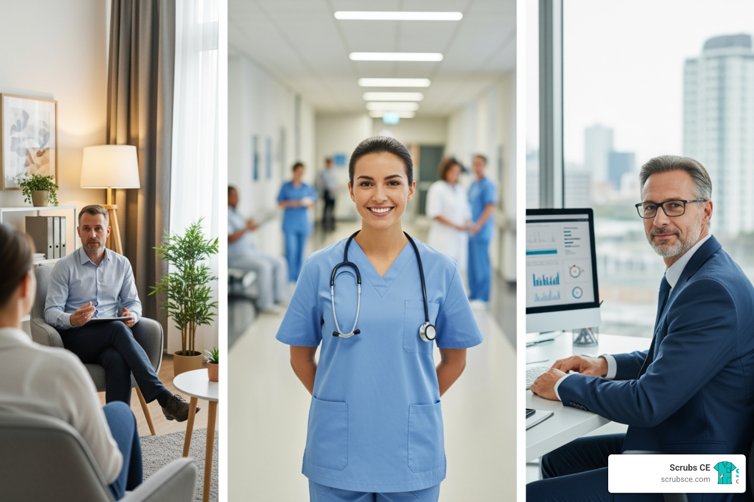 collage showing healthcare professionals from different fields: a nurse, a therapist, and a healthcare administrator - CE course online collage showing healthcare professionals from different fields: a nurse, a therapist, and a healthcare administrator - CE course online