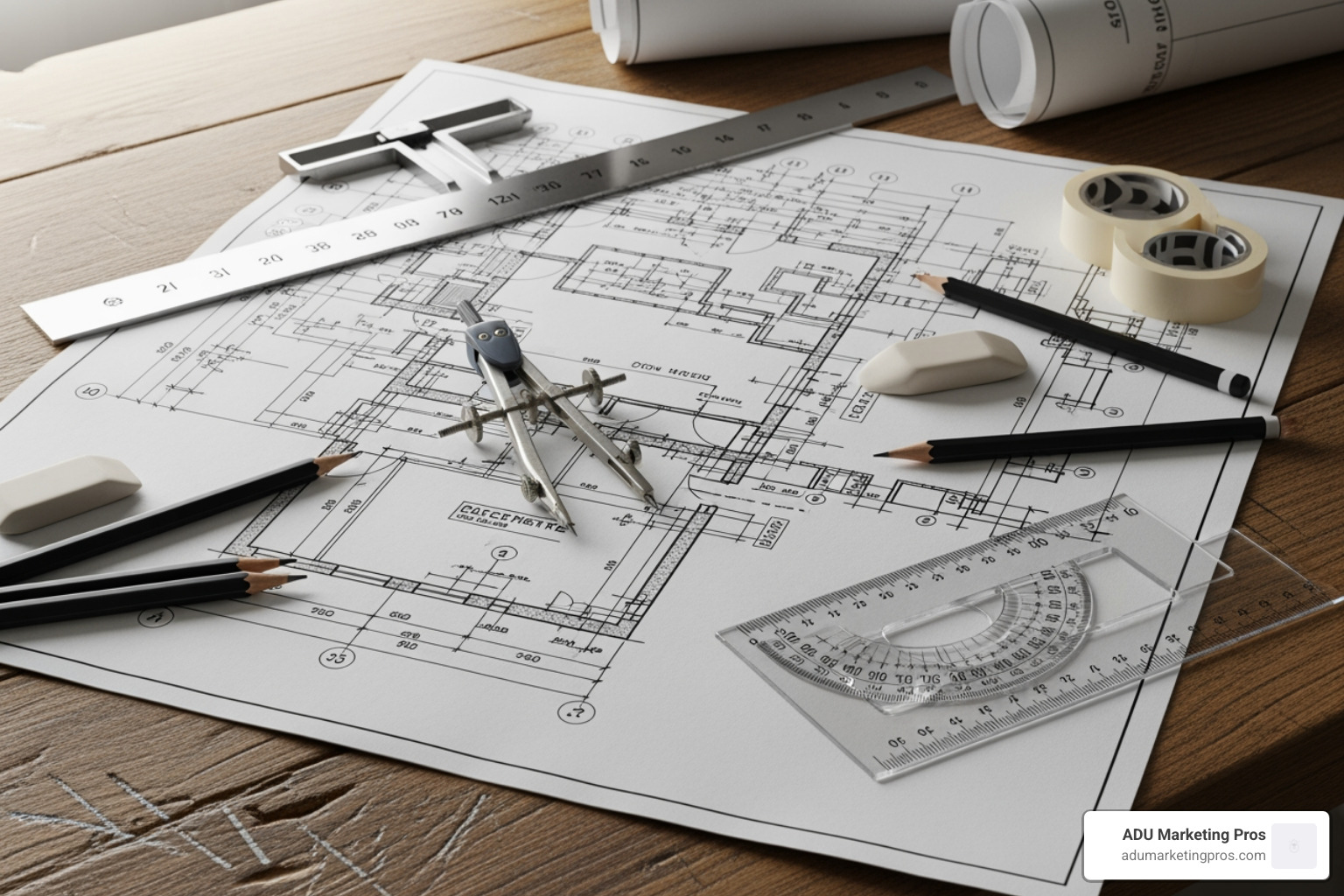 Construction blueprint laid out on a table with drafting tools - Santa Cruz ADU builders