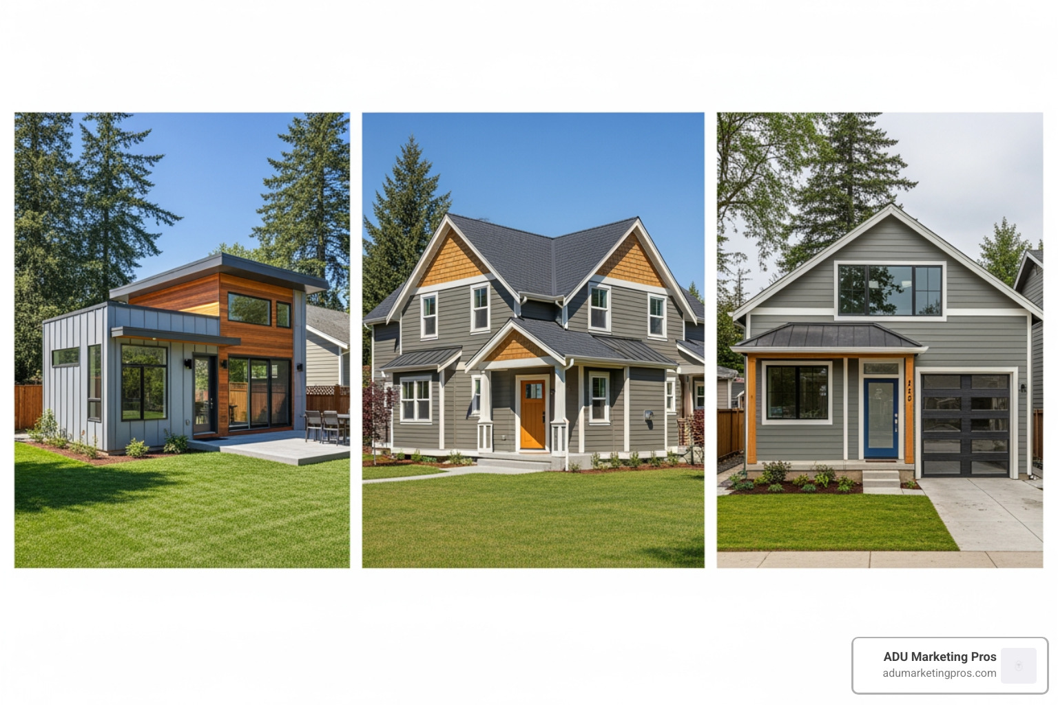 Collage showcasing a detached ADU, an attached ADU, and a garage conversion - Santa Cruz ADU builders