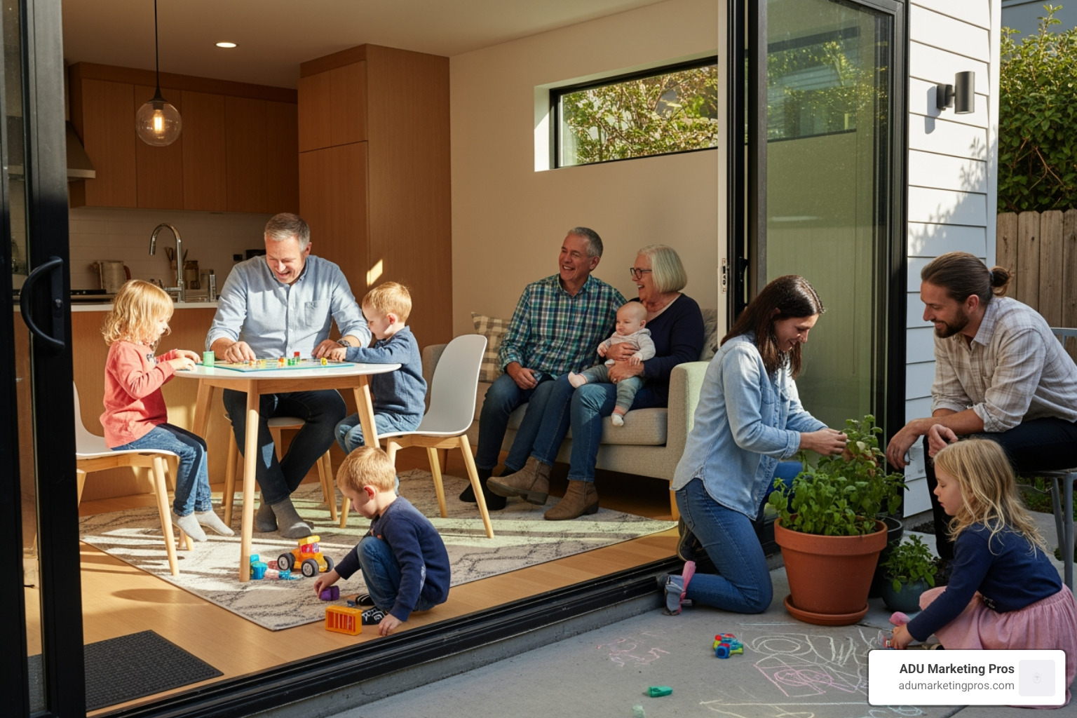 Happy family using their ADU for multi-generational living - Santa Cruz ADU builders