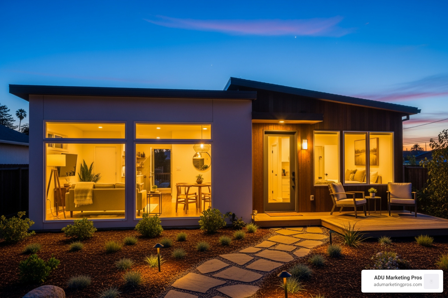 Finished ADU at dusk with warm lights on, looking inviting - Santa Cruz ADU builders