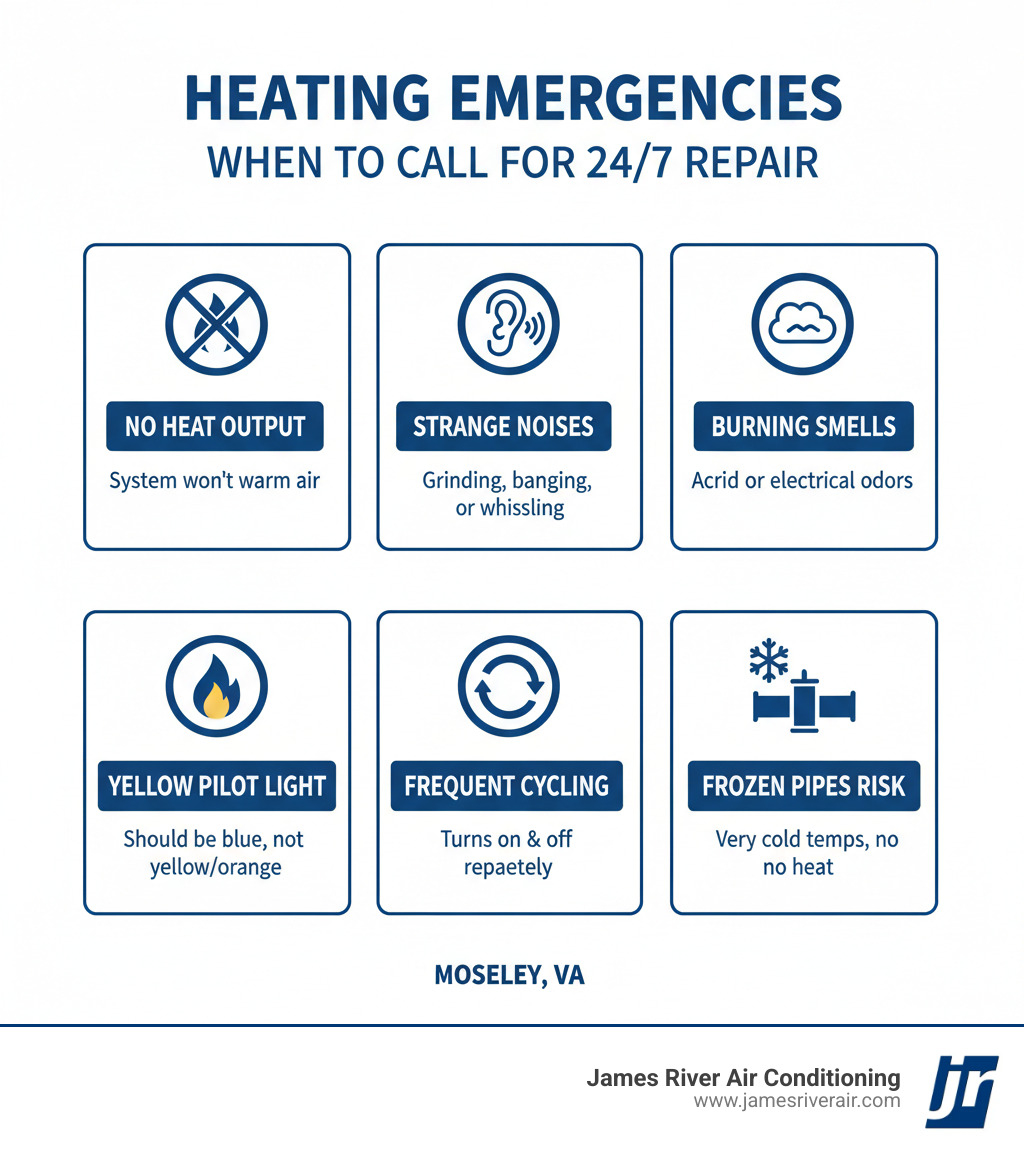infographic showing common heating emergencies and when to call for 24/7 repair: no heat output, strange noises, burning smells, yellow pilot light, frequent cycling, and frozen pipes risk - 24/7 heating repair in moseley, va infographic infographic showing common heating emergencies and when to call for 24/7 repair: no heat output, strange noises, burning smells, yellow pilot light, frequent cycling, and frozen pipes risk - 24/7 heating repair in moseley, va infographic