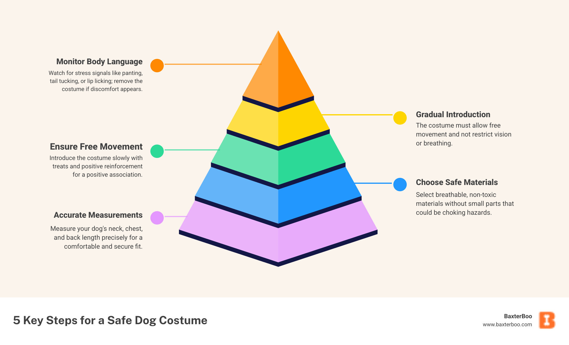 infographic showing 5 key steps to choosing a safe and comfortable dog costume: 1. Measure your dog's neck, chest, and back length accurately, 2. Choose breathable, non-toxic materials without small parts, 3. Ensure the costume allows free movement and doesn't restrict vision or breathing, 4. Introduce the costume gradually with treats and positive reinforcement, 5. Monitor your dog for stress signals like panting, tail tucking, or lip licking - dog costumes infographic pyramid-hierarchy-5-steps infographic showing 5 key steps to choosing a safe and comfortable dog costume: 1. Measure your dog's neck, chest, and back length accurately, 2. Choose breathable, non-toxic materials without small parts, 3. Ensure the costume allows free movement and doesn't restrict vision or breathing, 4. Introduce the costume gradually with treats and positive reinforcement, 5. Monitor your dog for stress signals like panting, tail tucking, or lip licking - dog costumes infographic pyramid-hierarchy-5-steps