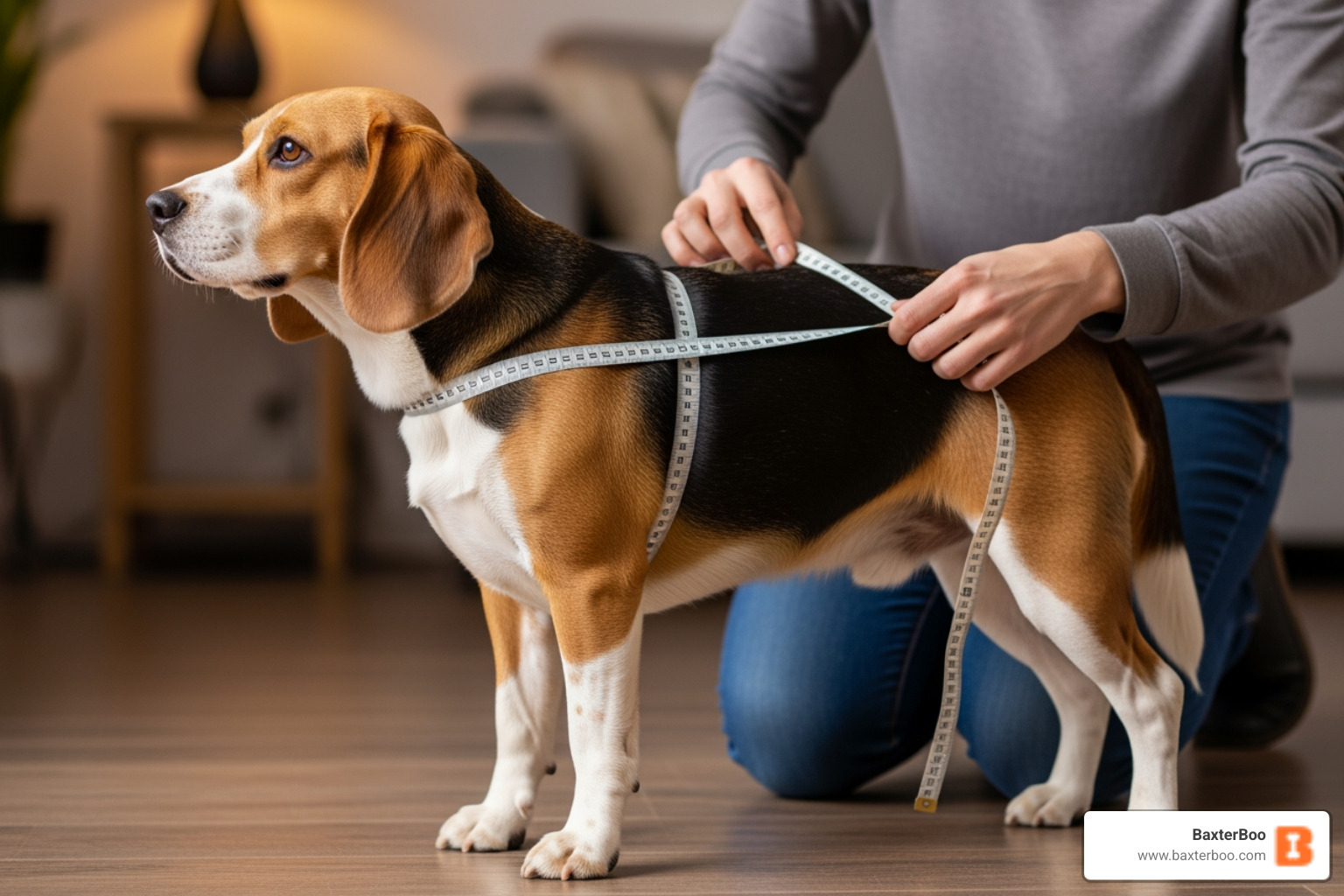 person measuring a beagle's chest girth - dog costumes person measuring a beagle's chest girth - dog costumes