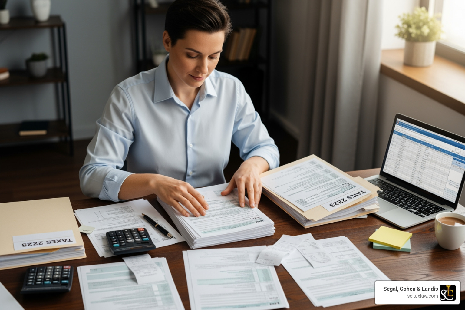 Person calmly organizing tax documents at a desk - irs tax audit letter
