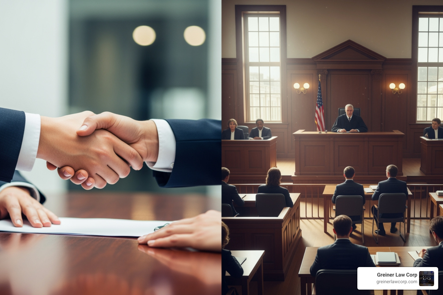 showing a split screen of a handshake for a deal and a courtroom. - real estate lawyers showing a split screen of a handshake for a deal and a courtroom. - real estate lawyers
