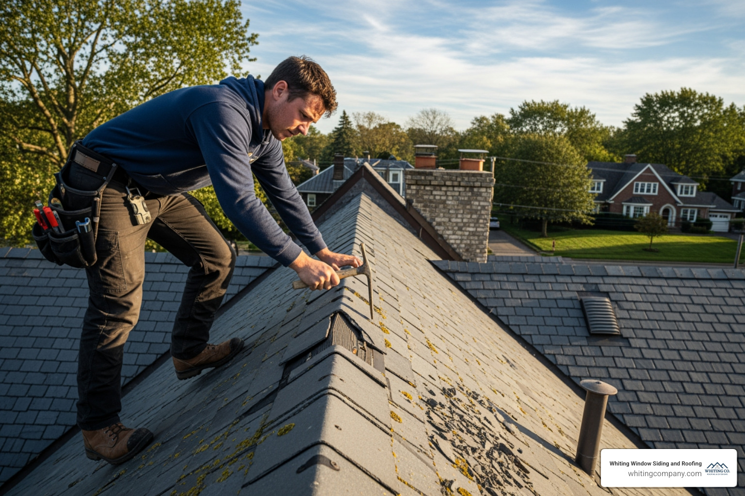 A skilled roofer meticulously inspecting a slate roof for damage - slate roof baltimore