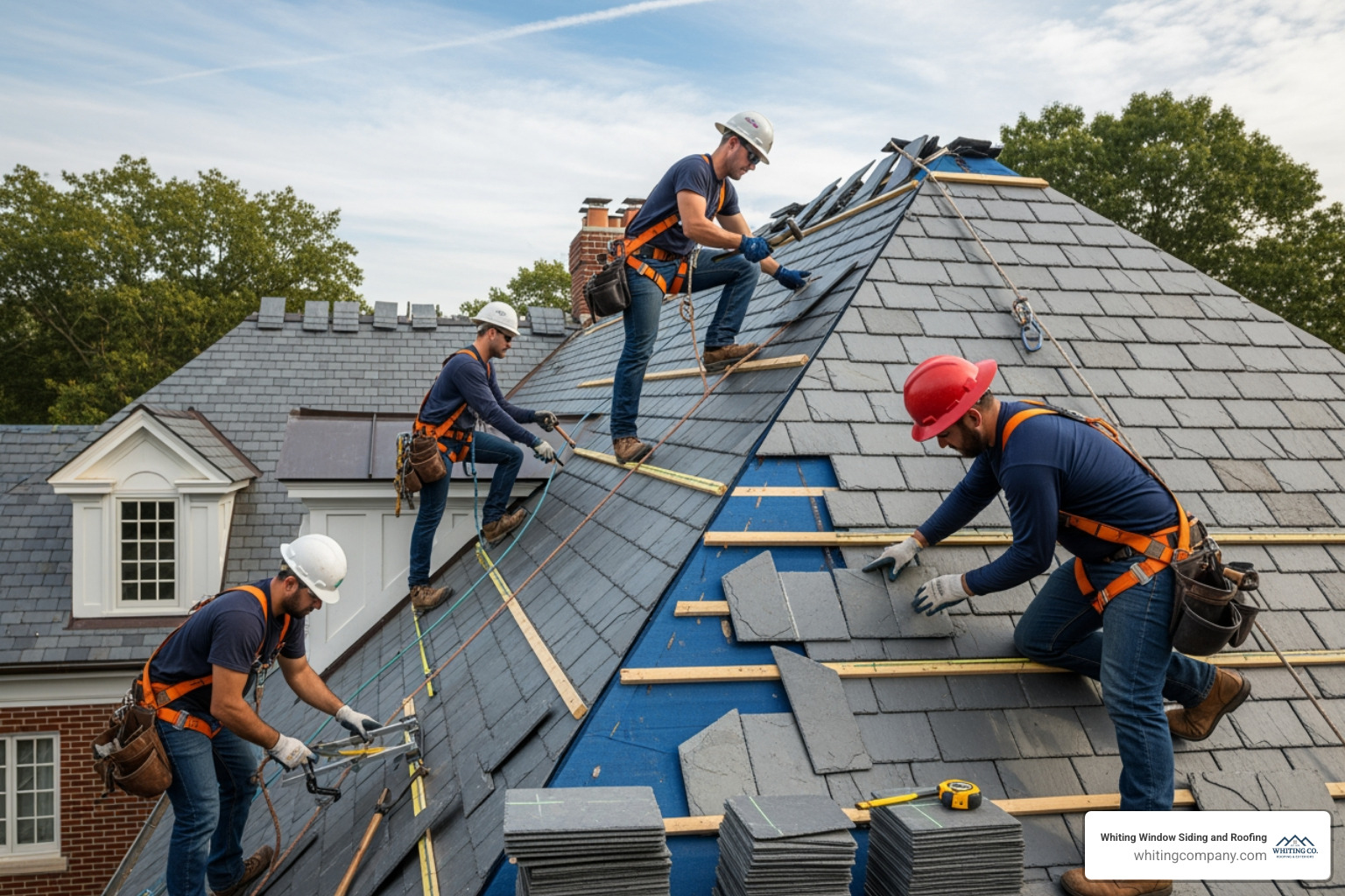 A team of certified roofers expertly installing a complex slate roof - slate roof baltimore