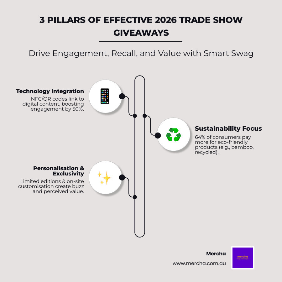 Infographic showing three pillars of effective 2026 trade show giveaways: Technology Integration (NFC/QR codes linking to digital content, 50% higher engagement rates), Sustainability (64% of consumers willing to pay more for eco-friendly products, materials like bamboo and recycled plastics), and Personalisation (limited editions and on-site customisation creating exclusivity and social buzz) - top trade show giveaways 2026 infographic infographic-line-3-steps-elegantmd5-bed4cd82368fb05af73f66b1fb7534bbbeige