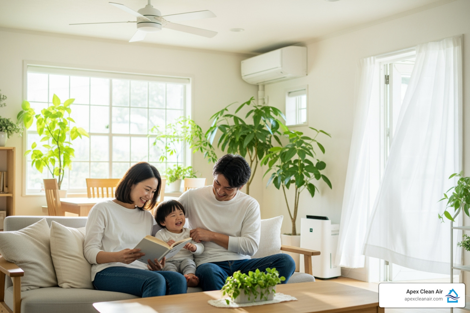 Happy family enjoying clean indoor air - a/c ultraviolet light