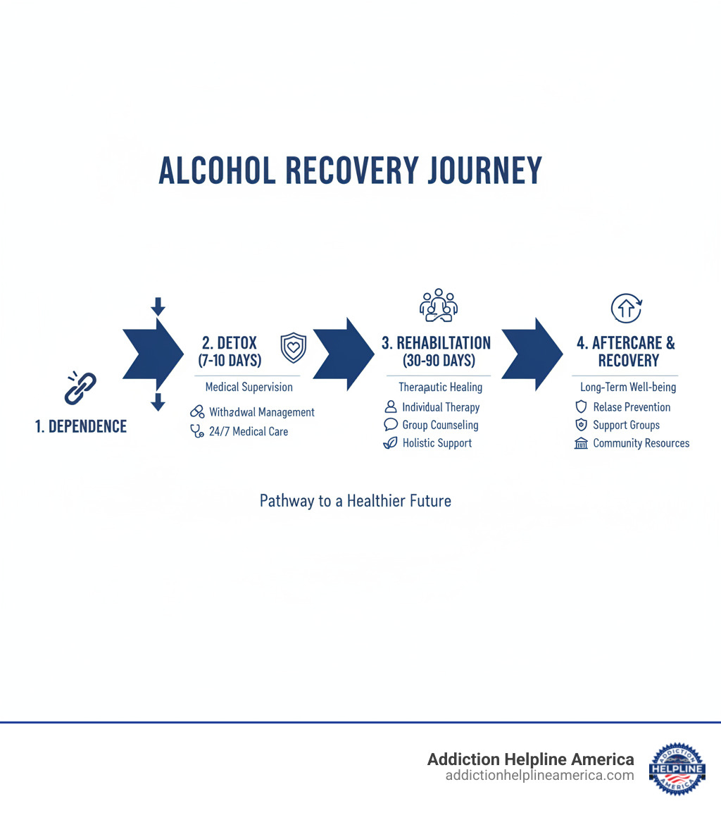 infographic explaining the stages from alcohol dependence through detox (7-10 days with medical supervision), to rehabilitation (30-90 days), to aftercare and long-term recovery support, with key services listed at each stage including withdrawal management, individual therapy, group counseling, and relapse prevention - alcohol detox treatment centers infographic infographic explaining the stages from alcohol dependence through detox (7-10 days with medical supervision), to rehabilitation (30-90 days), to aftercare and long-term recovery support, with key services listed at each stage including withdrawal management, individual therapy, group counseling, and relapse prevention - alcohol detox treatment centers infographic