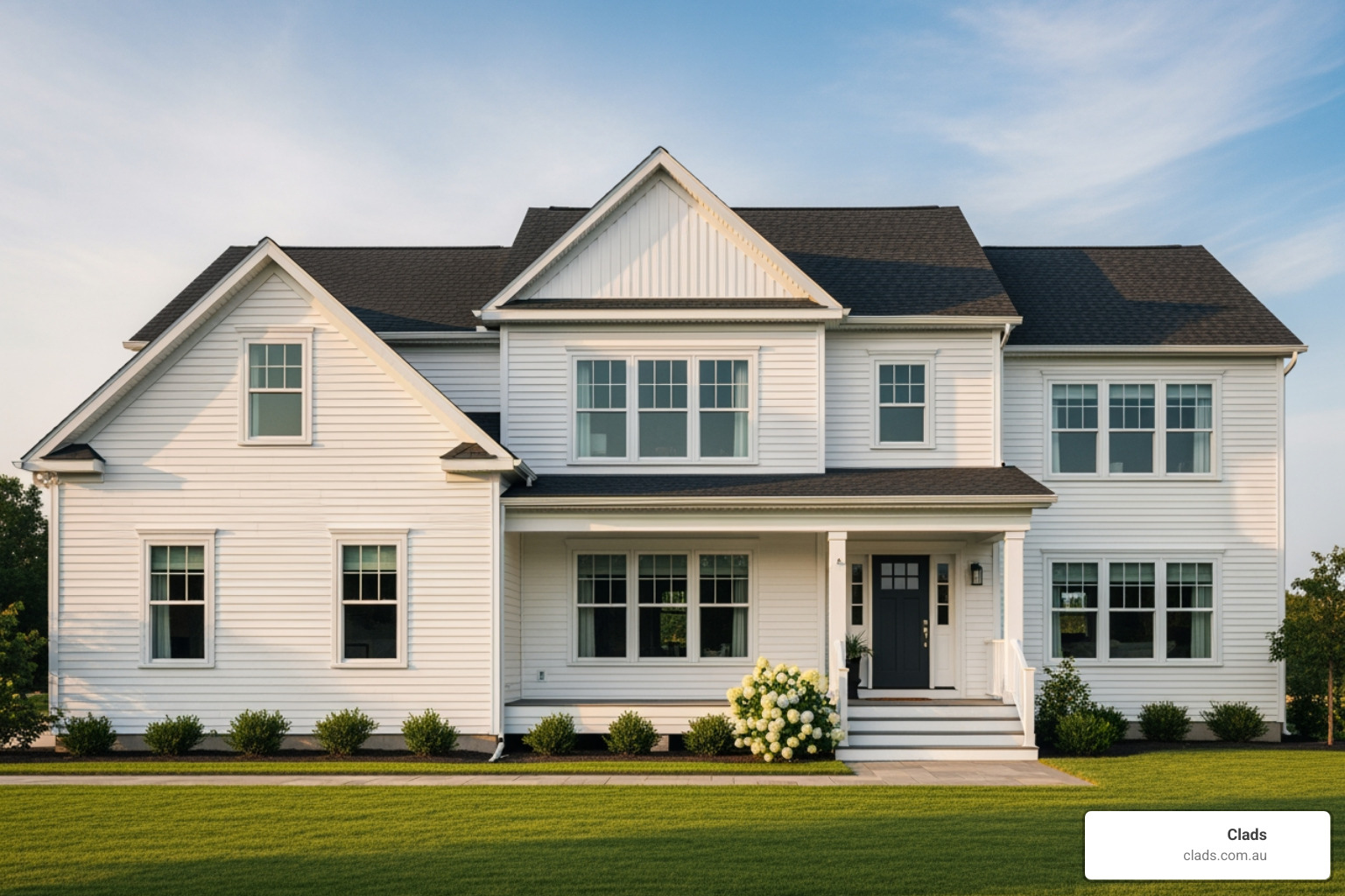 Imposing two-storey suburban home clad in simple white weatherboards which represent some of the cheapest cladding options. Imposing two-storey suburban home clad in simple white weatherboards which represent some of the cheapest cladding options.