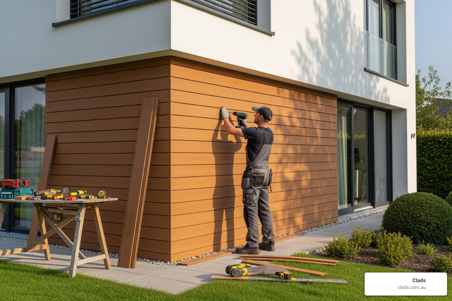 Tradesperson fixing timber cladding, one of the cheapest cladding options, onto a white home exterior with a cordless drill. Tradesperson fixing timber cladding, one of the cheapest cladding options, onto a white home exterior with a cordless drill.