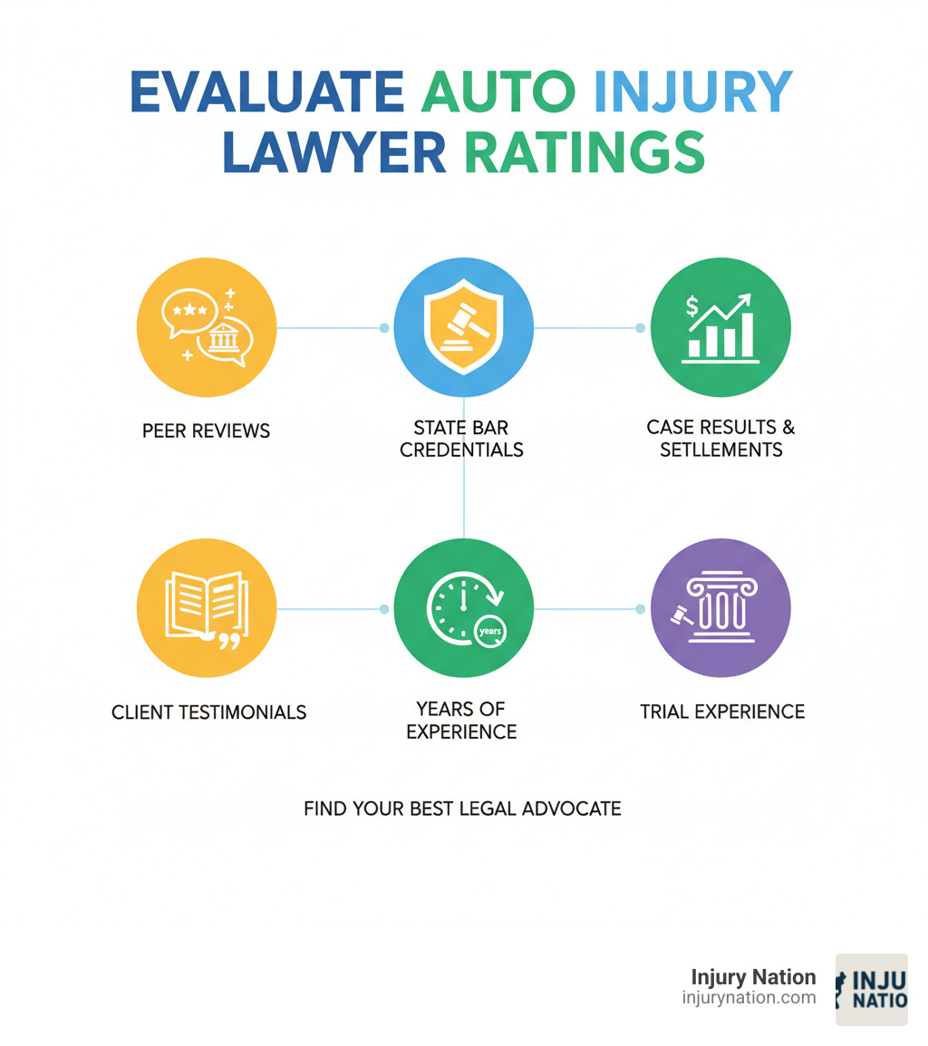 infographic showing how to evaluate auto injury lawyer ratings including checking peer reviews, verifying credentials with state bar associations, reviewing case results and settlement amounts, reading client testimonials, assessing years of experience in auto injury cases, and confirming trial experience - auto injury accident lawyer near me rating infographic infographic showing how to evaluate auto injury lawyer ratings including checking peer reviews, verifying credentials with state bar associations, reviewing case results and settlement amounts, reading client testimonials, assessing years of experience in auto injury cases, and confirming trial experience - auto injury accident lawyer near me rating infographic