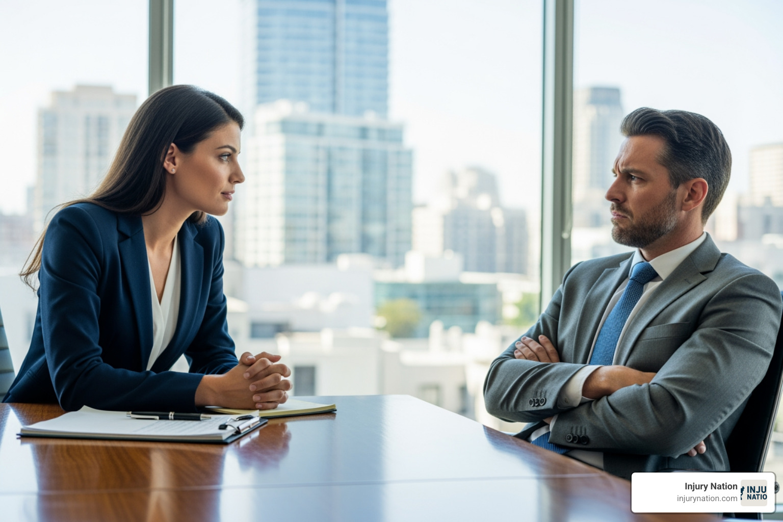 lawyer confidently negotiating with insurance adjuster - auto injury accident lawyer near me rating lawyer confidently negotiating with insurance adjuster - auto injury accident lawyer near me rating