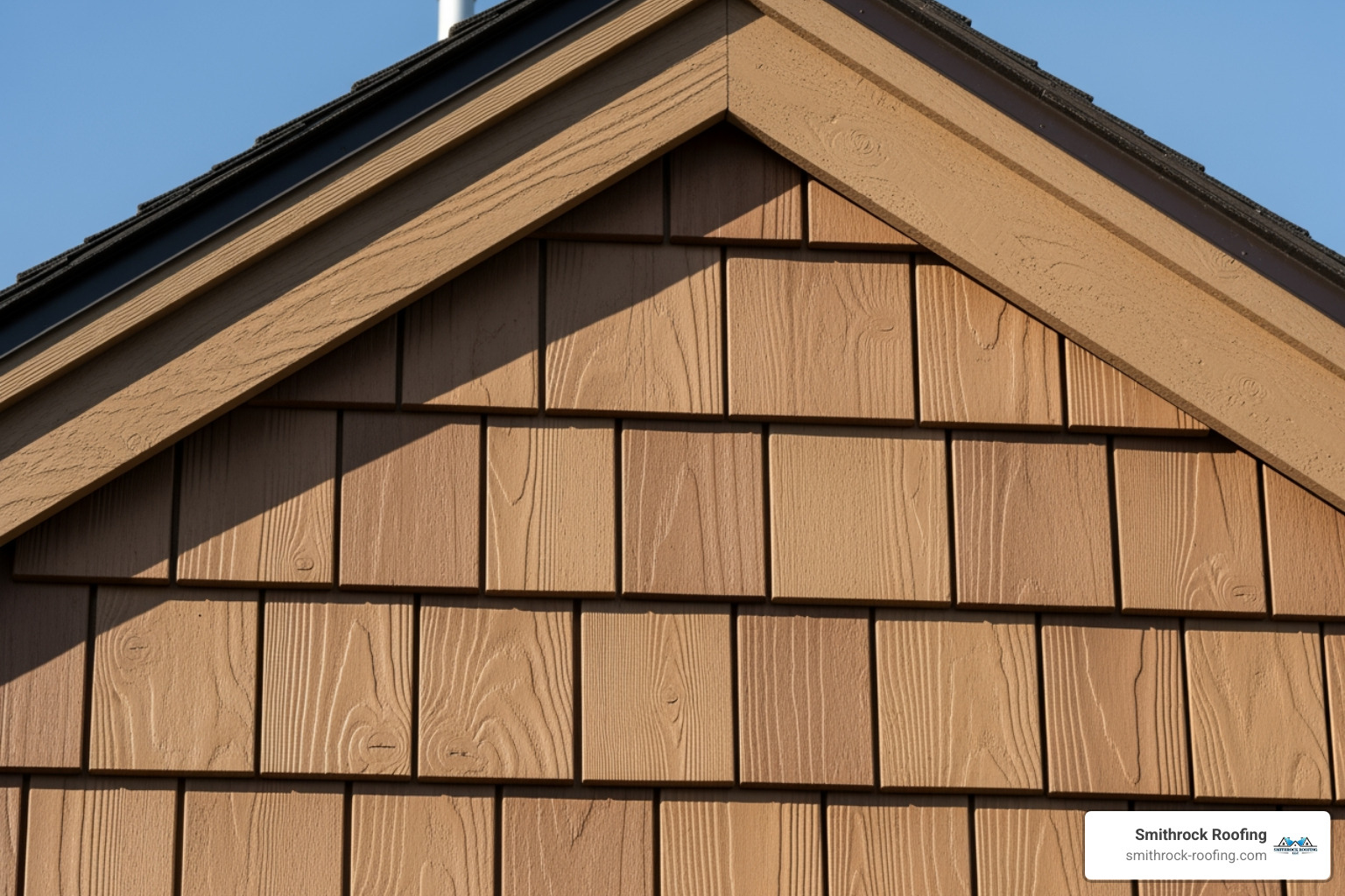 close-up on a gable with staggered hand-split vinyl shakes - vinyl siding options