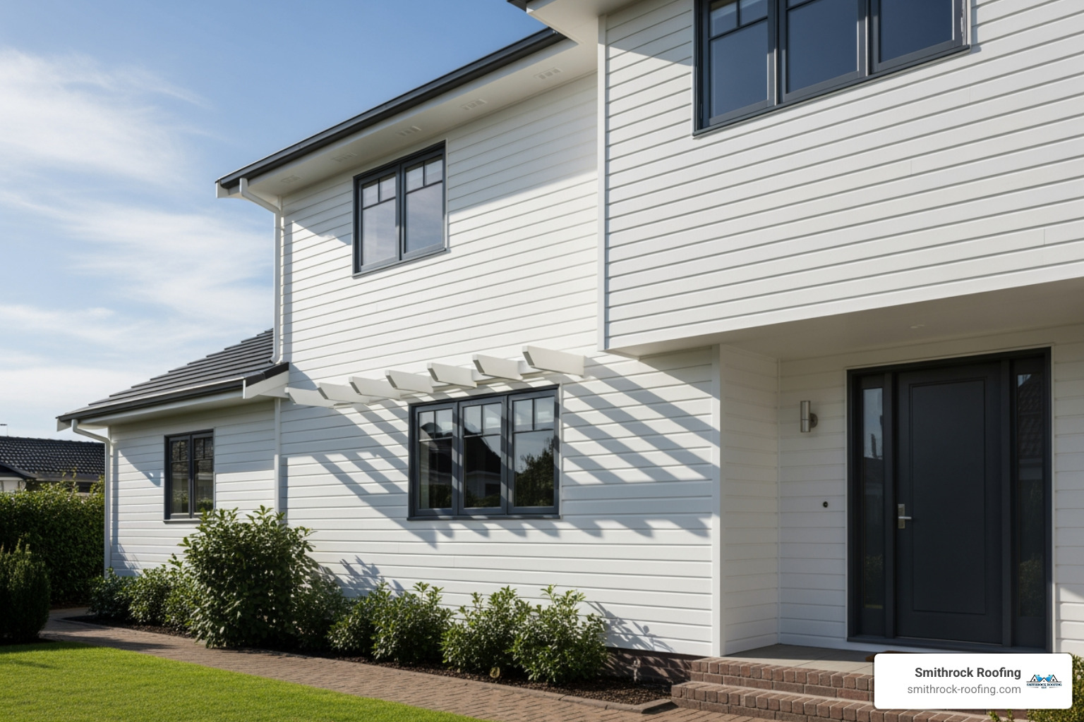 home with crisp, white Dutch lap siding creating distinct shadow lines - vinyl siding options