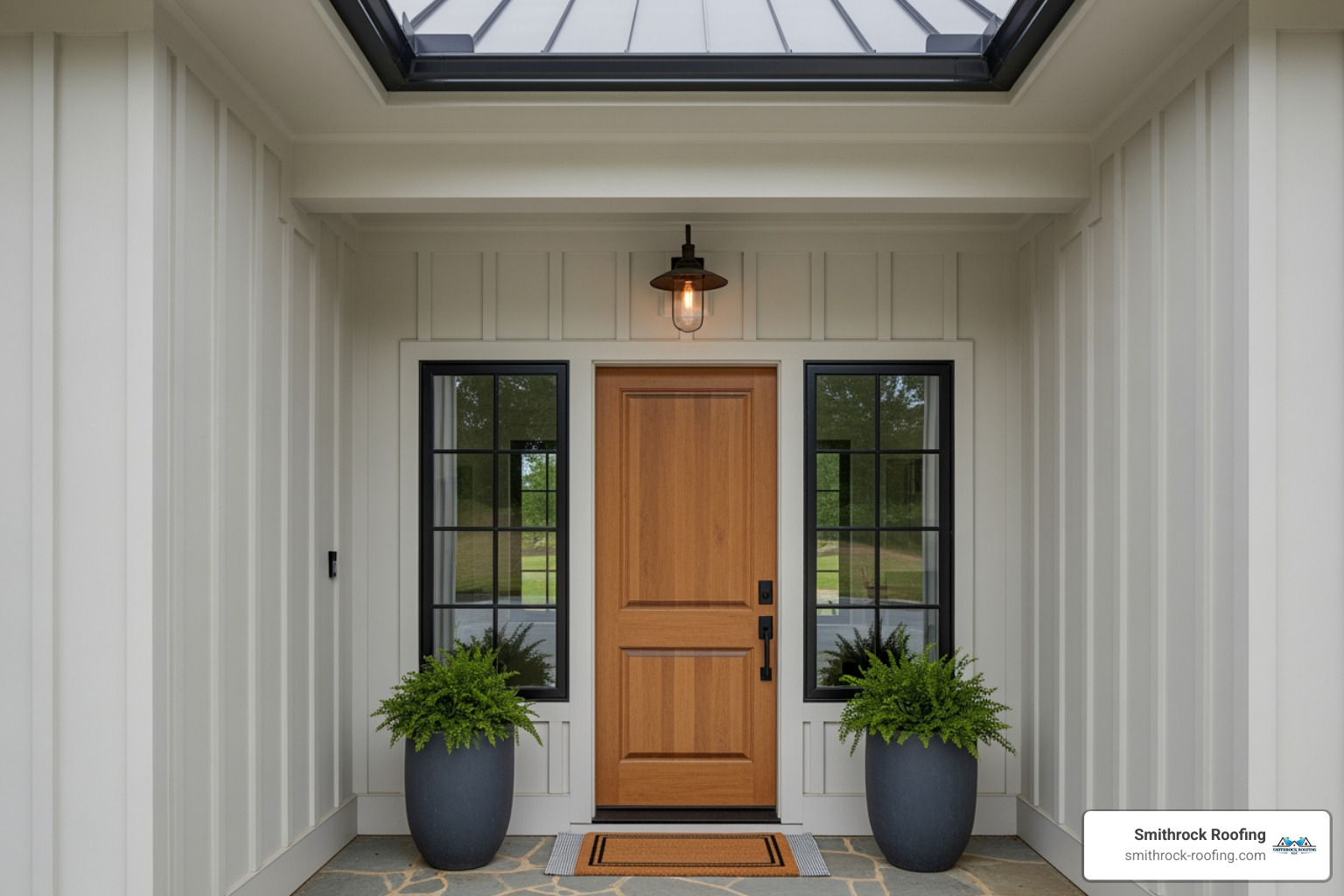 modern farmhouse entryway featuring vertical board and batten siding - vinyl siding options