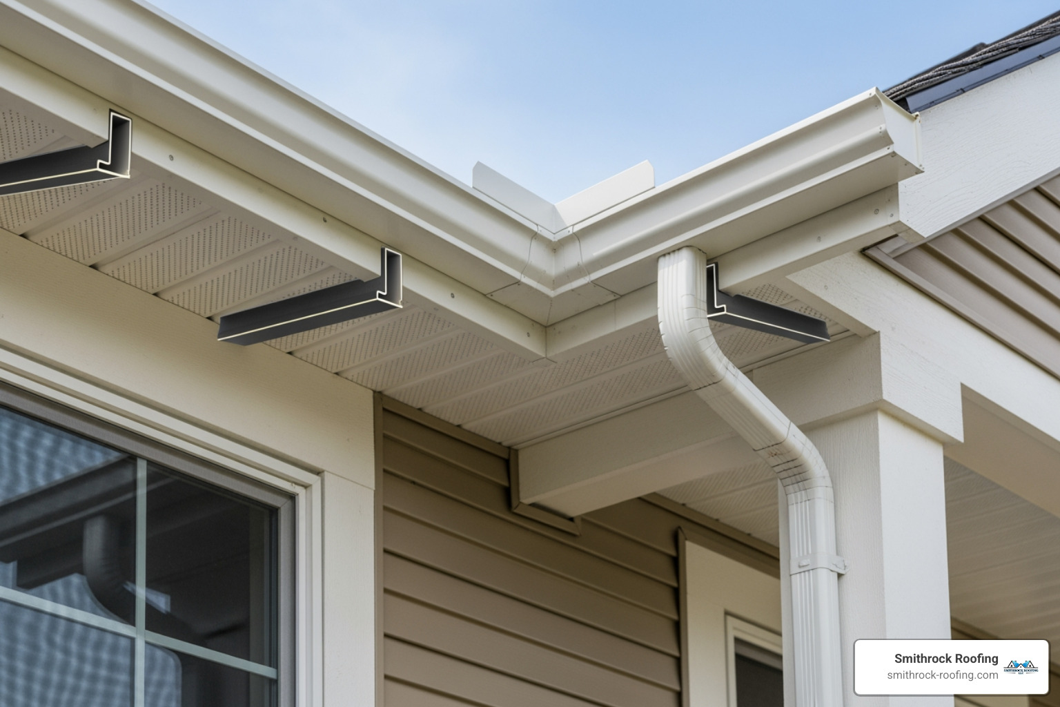 diagram showing the placement of soffit, fascia, J-channel, and corner posts on a house - vinyl siding options