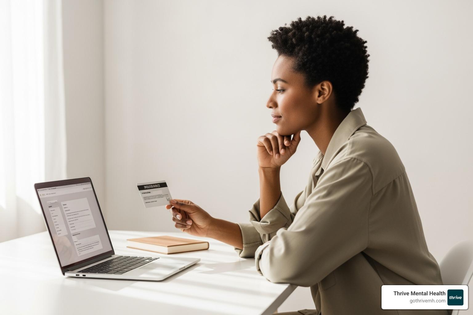 person reviewing insurance card and laptop screen - online therapy platforms